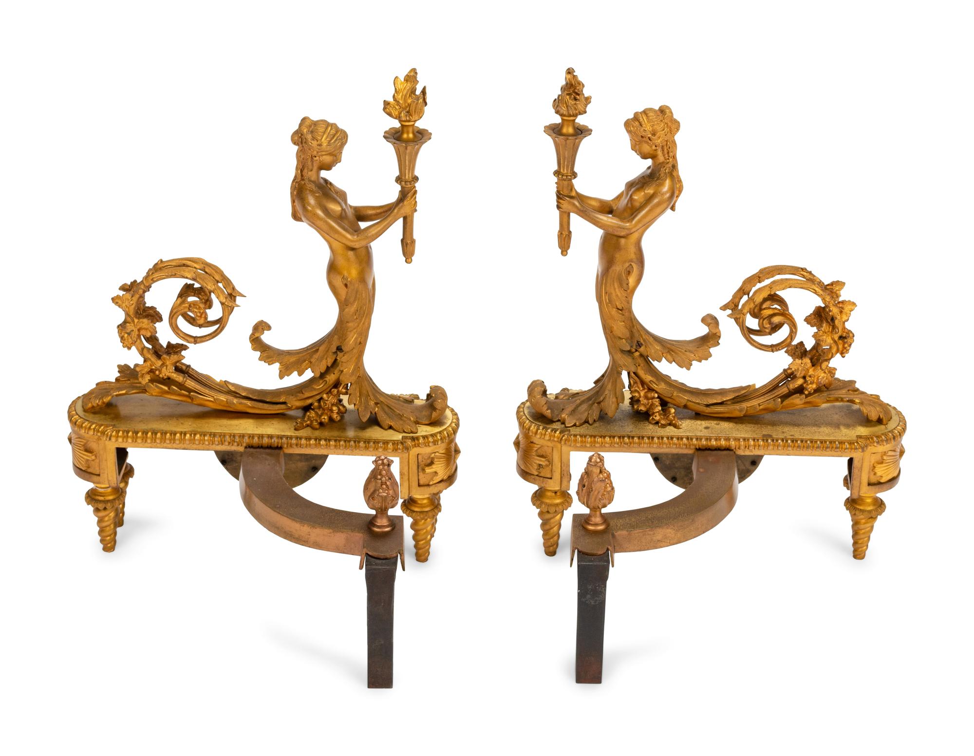 A Pair of Louis XVI Style Gilt Bronze Chenets