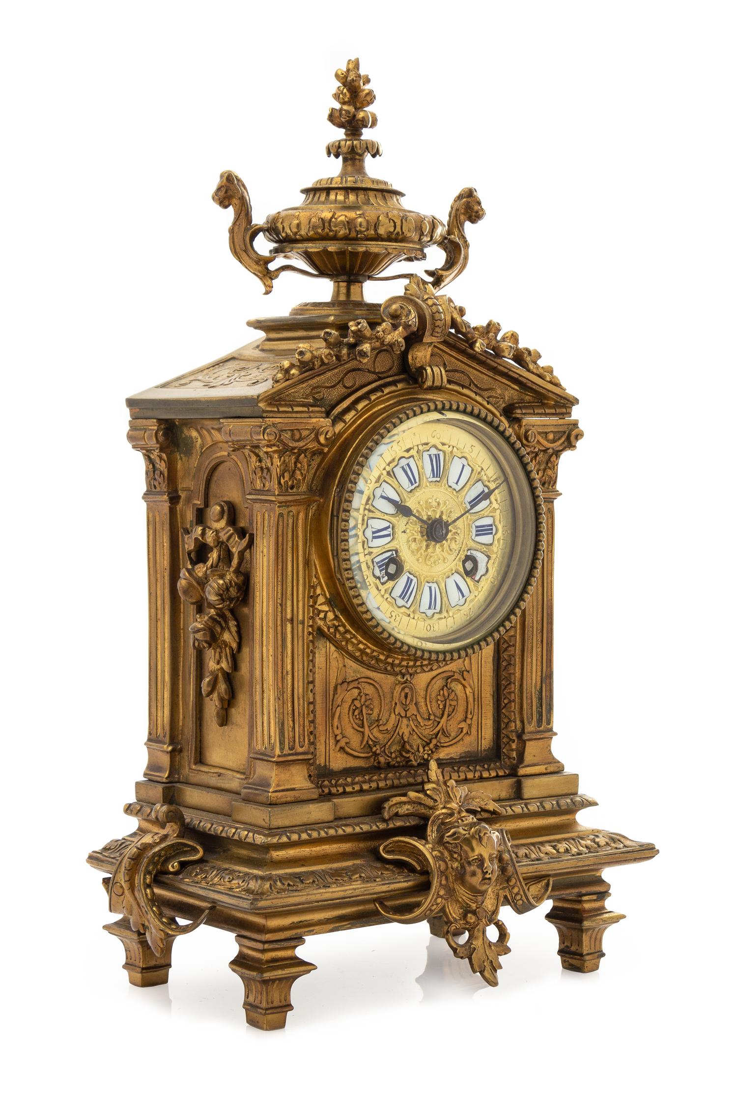A French Neoclassical Brass Mantel Clock Height 14 3/4 x width 8 1/4 x depth 4 1/2 inches. — LATE 19TH CENTURY