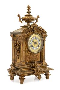 A French Neoclassical Brass Mantel Clock Height 14 3/4 x width 8 1/4 x depth 4 1/2 inches. — LATE 19TH CENTURY