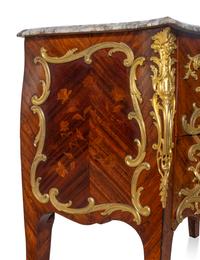A Louis XV Style Gilt Bronze Mounted Marquetry Marble-Top Bombe Commode