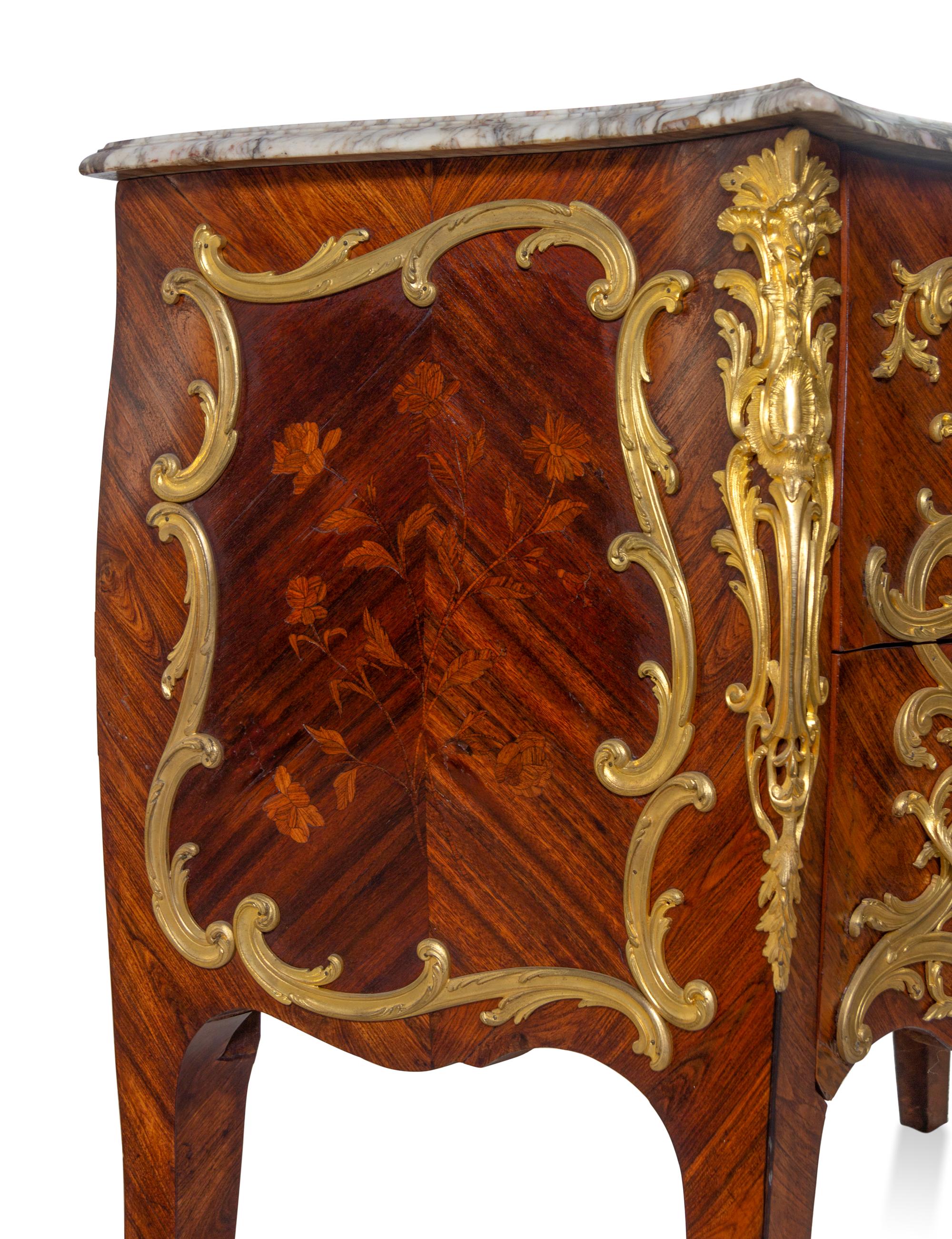 A Louis XV Style Gilt Bronze Mounted Marquetry Marble-Top Bombe Commode