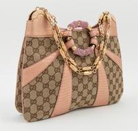 A Gucci Monogram Canvas and Pink Python Handbag, 12" x 8.5" x 1"; Strap drop: 8".