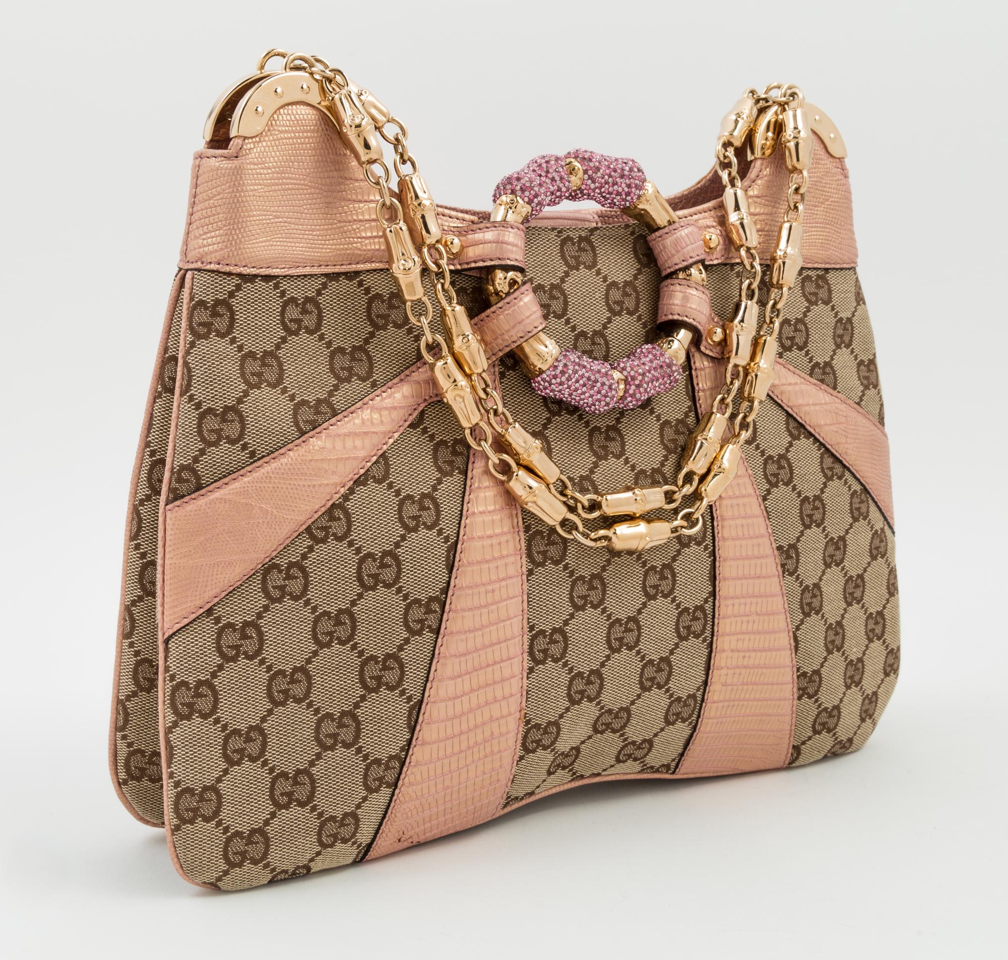 A Gucci Monogram Canvas and Pink Python Handbag, 12" x 8.5" x 1"; Strap drop: 8".