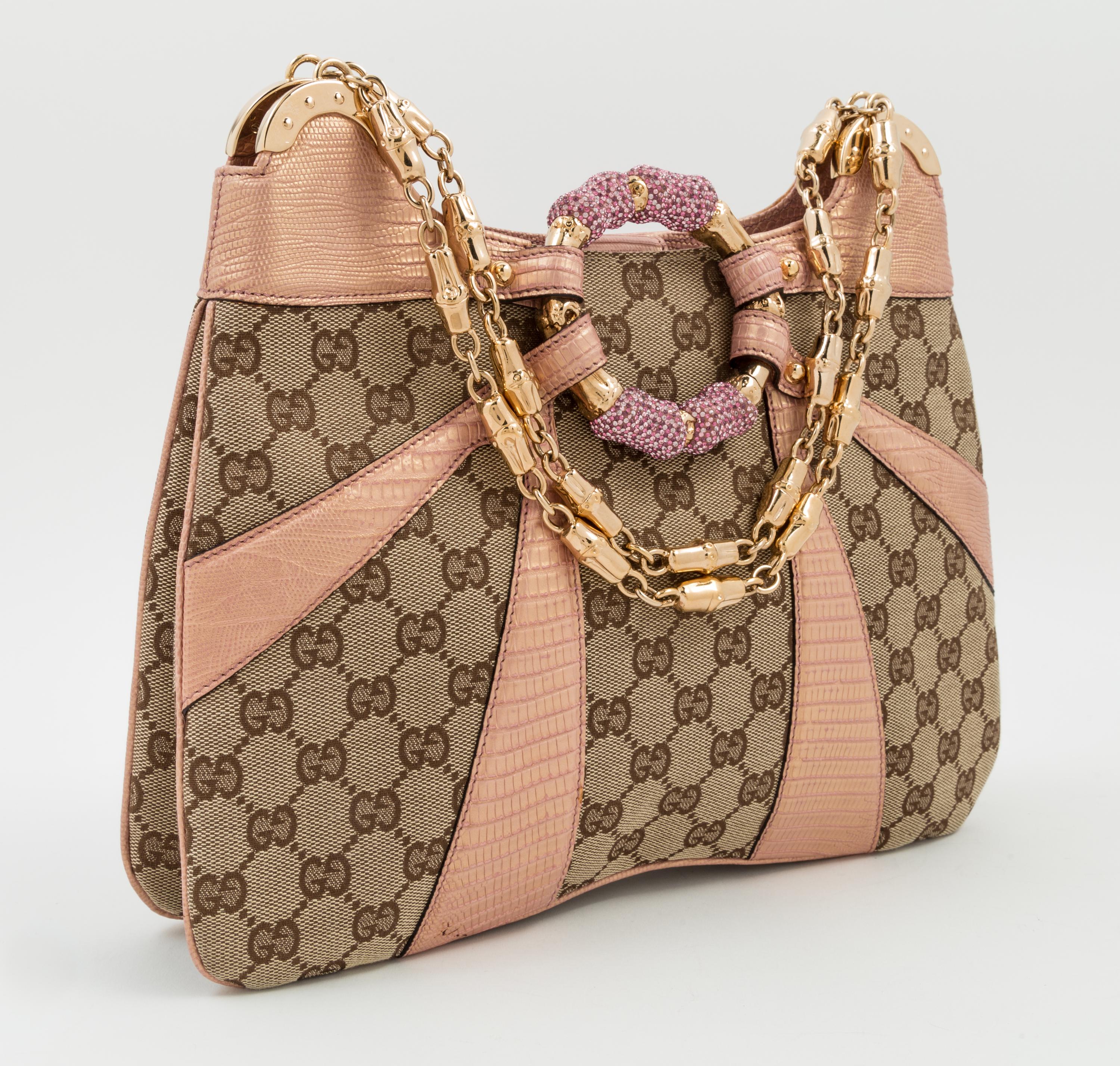 A Gucci Monogram Canvas and Pink Python Handbag, 12" x 8.5" x 1"; Strap drop: 8".