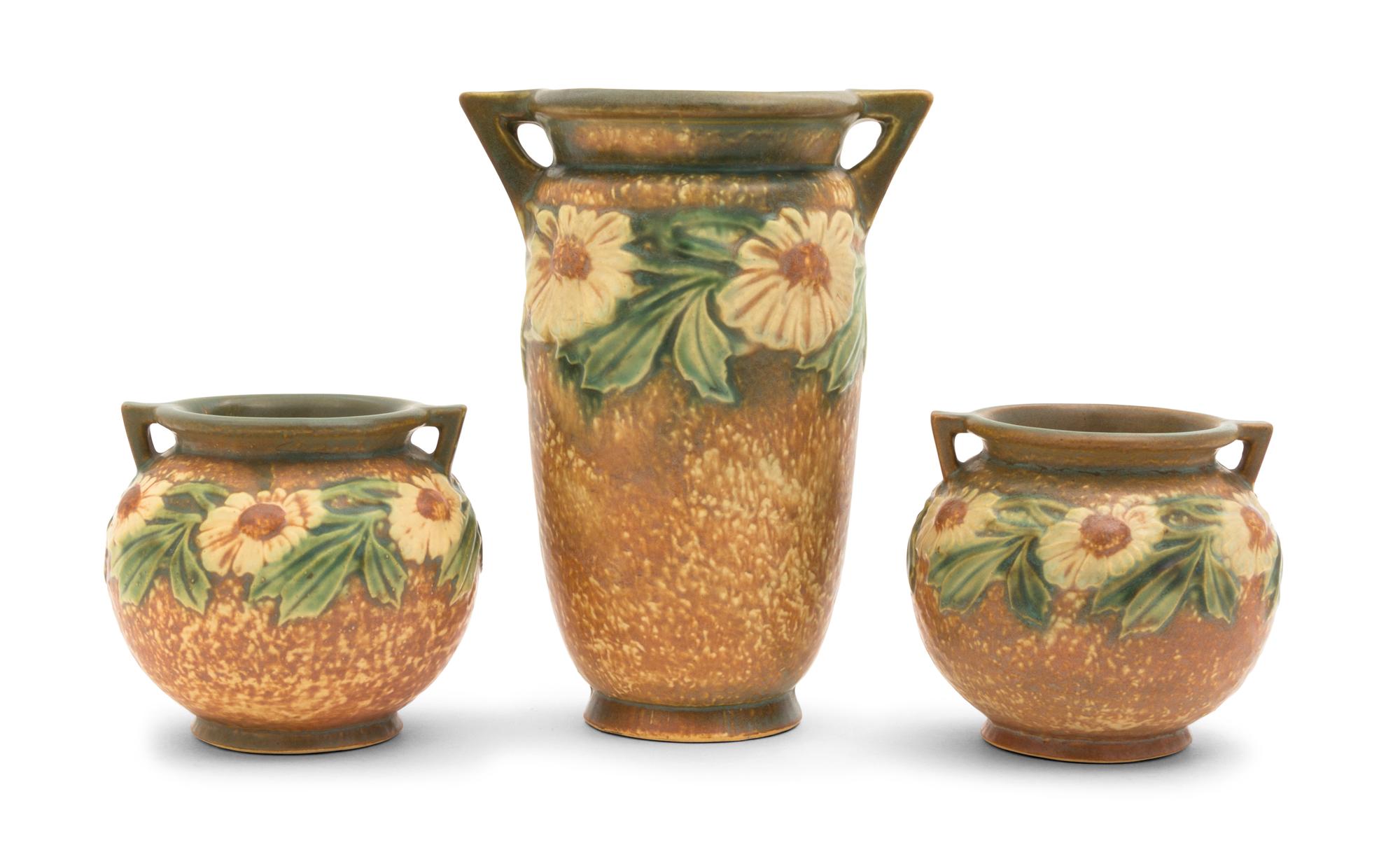 Three Roseville Dahlrose Pottery Vases Height of tallest 8 1/2 inches.