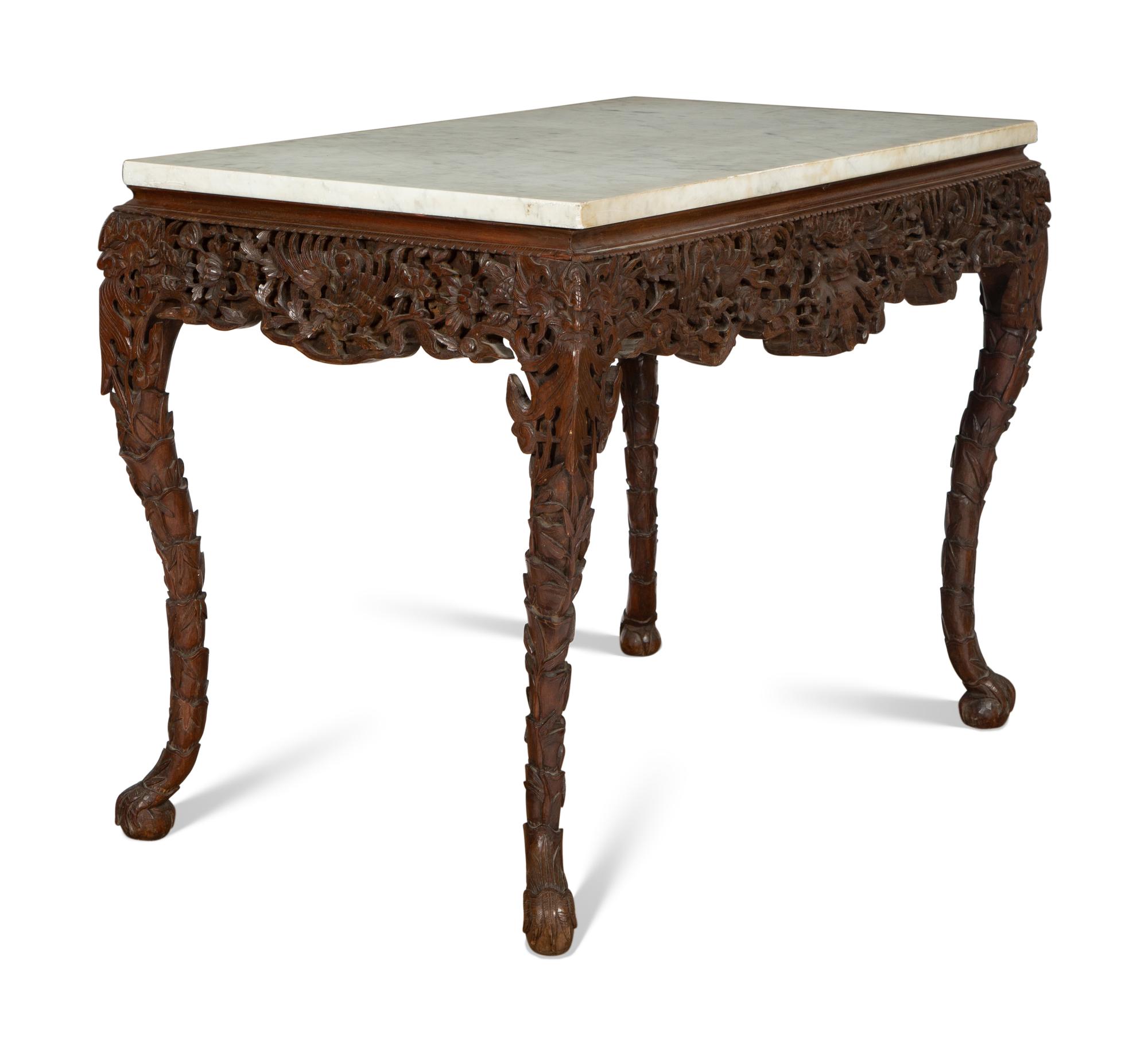 A Carved Anglo-Indian Rosewood Console Table with Carrara Marble Top