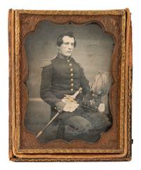 [EARLY PHOTOGRAPHY]. Quarter plate daguerreotype of a mounted rifleman with his sword and shako.
