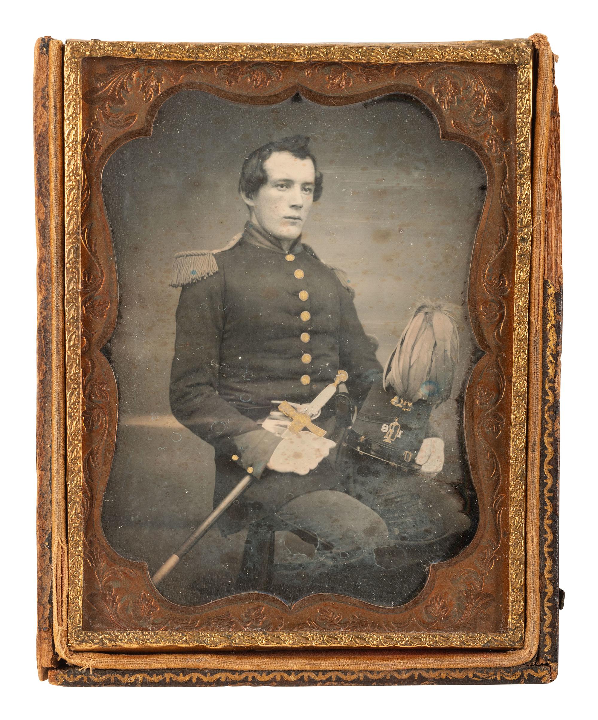 [EARLY PHOTOGRAPHY]. Quarter plate daguerreotype of a mounted rifleman with his sword and shako.