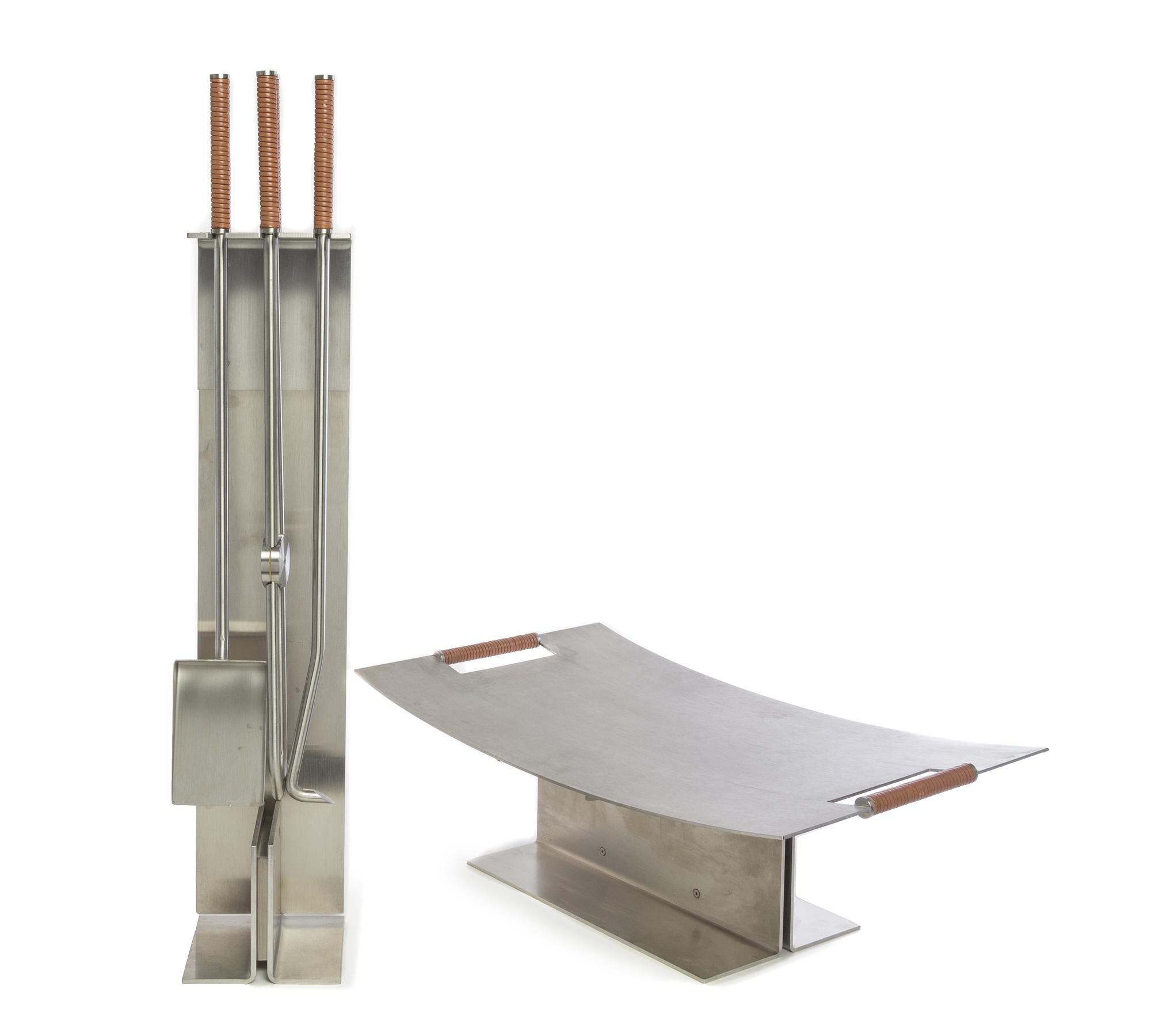 A Modern Brushed Metal Fireplace Tool Set, with Log Holder Height overall: 31 inches Log holder: Height 7 ½ x width 24 x depth 13 ½ inc