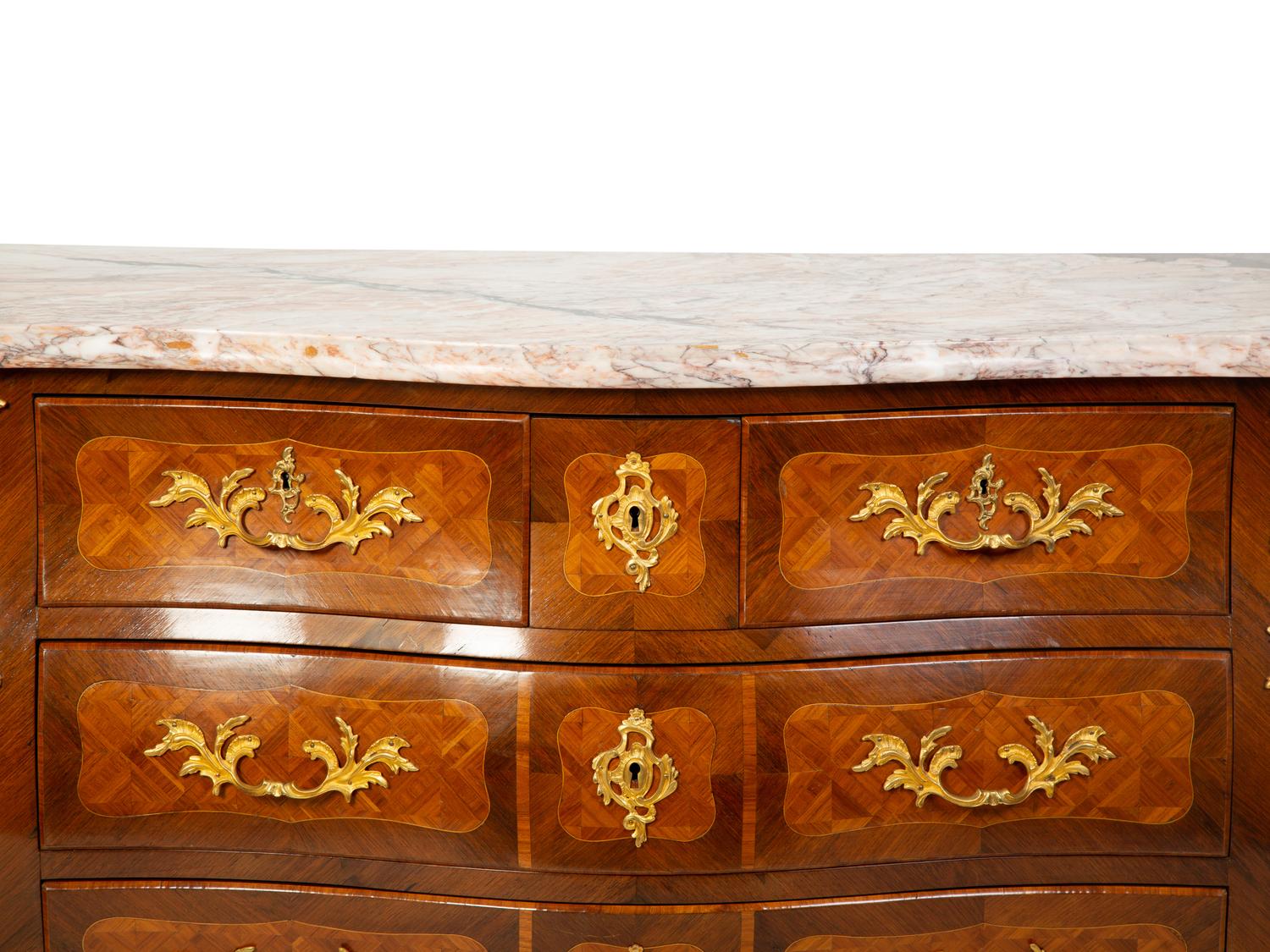 A Louis XV Style Kingwood Parquetry Marble Top Bombe Commode — LATE 19TH CENTURY