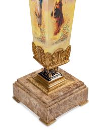 A Pair of Continental Gilt and Transfer-Printed Metal Mounted Marble Pedestals
