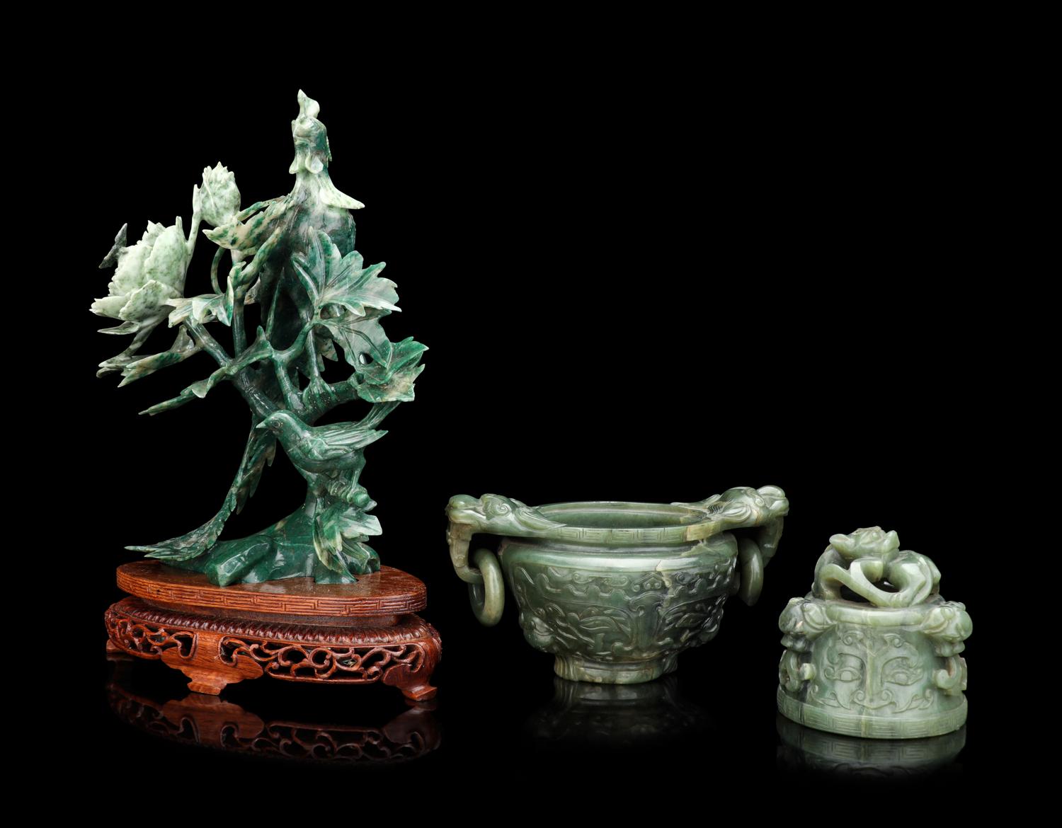 A Chinese Spinach Jade Incense Burner and A Green Jadeite 'Bird' Group