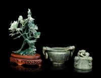 A Chinese Spinach Jade Incense Burner and A Green Jadeite 'Bird' Group