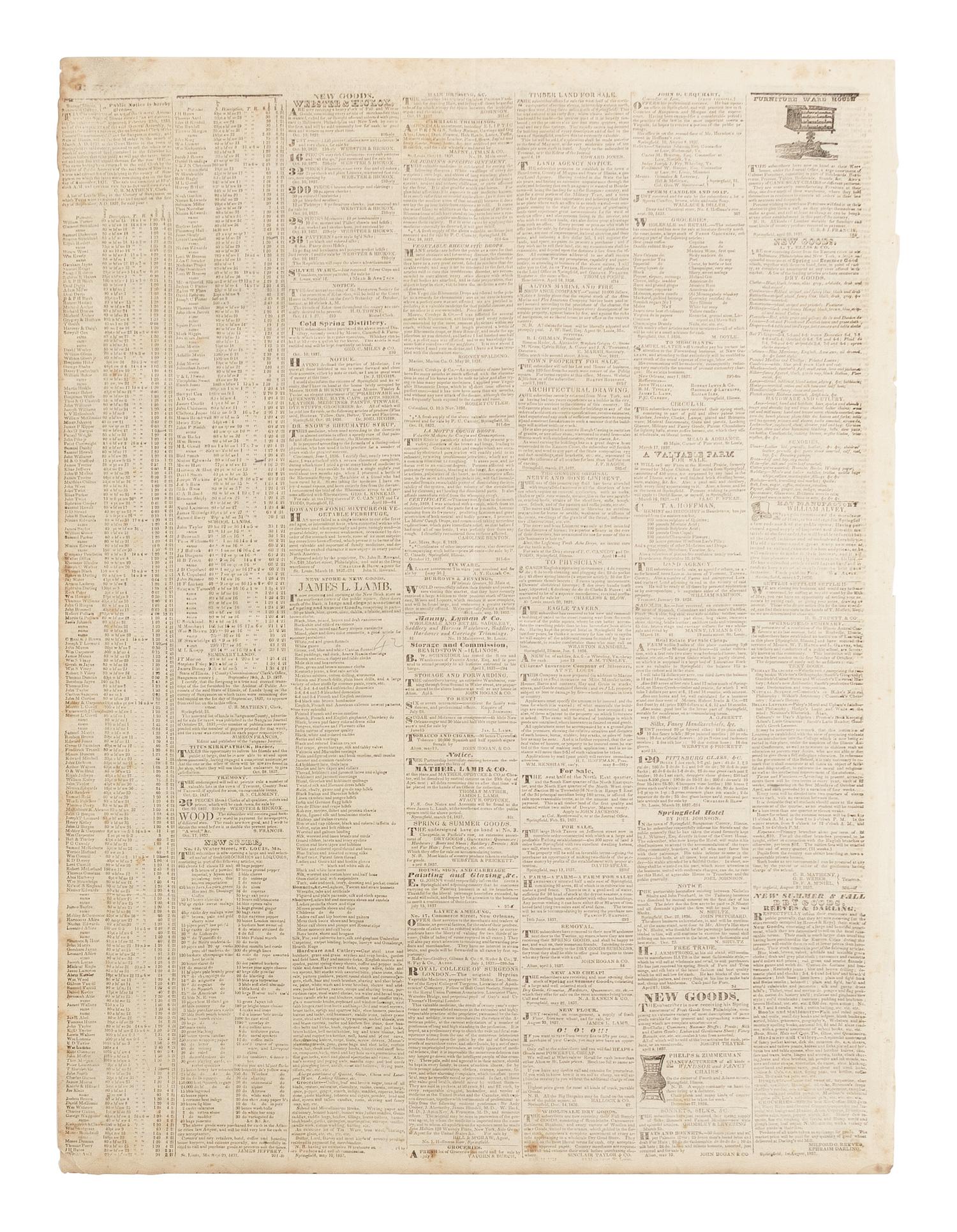 [LINCOLN, Abraham (1809-1865)]. Sangamo Journal . Vol. VII, No. 1. Springfield, Illinois, 4 November 1837.