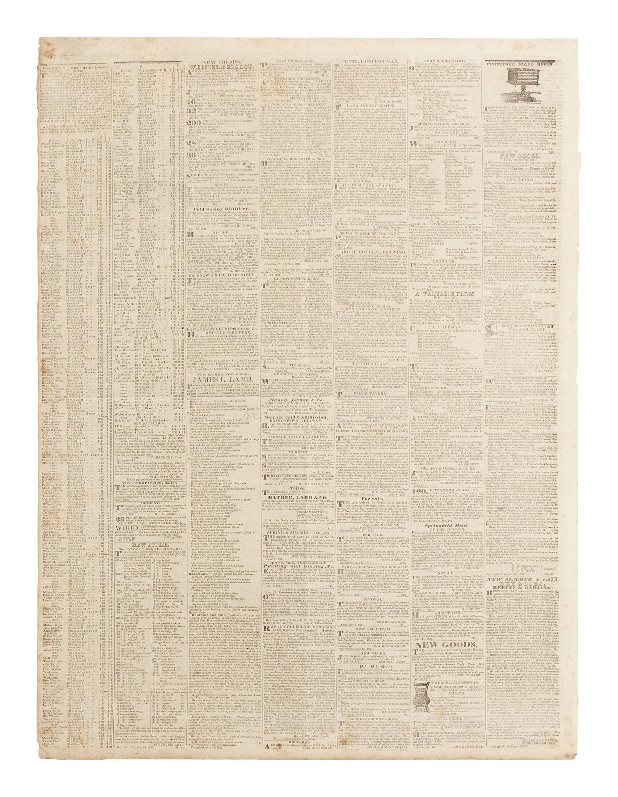 [LINCOLN, Abraham (1809-1865)]. Sangamo Journal . Vol. VII, No. 1. Springfield, Illinois, 4 November 1837.
