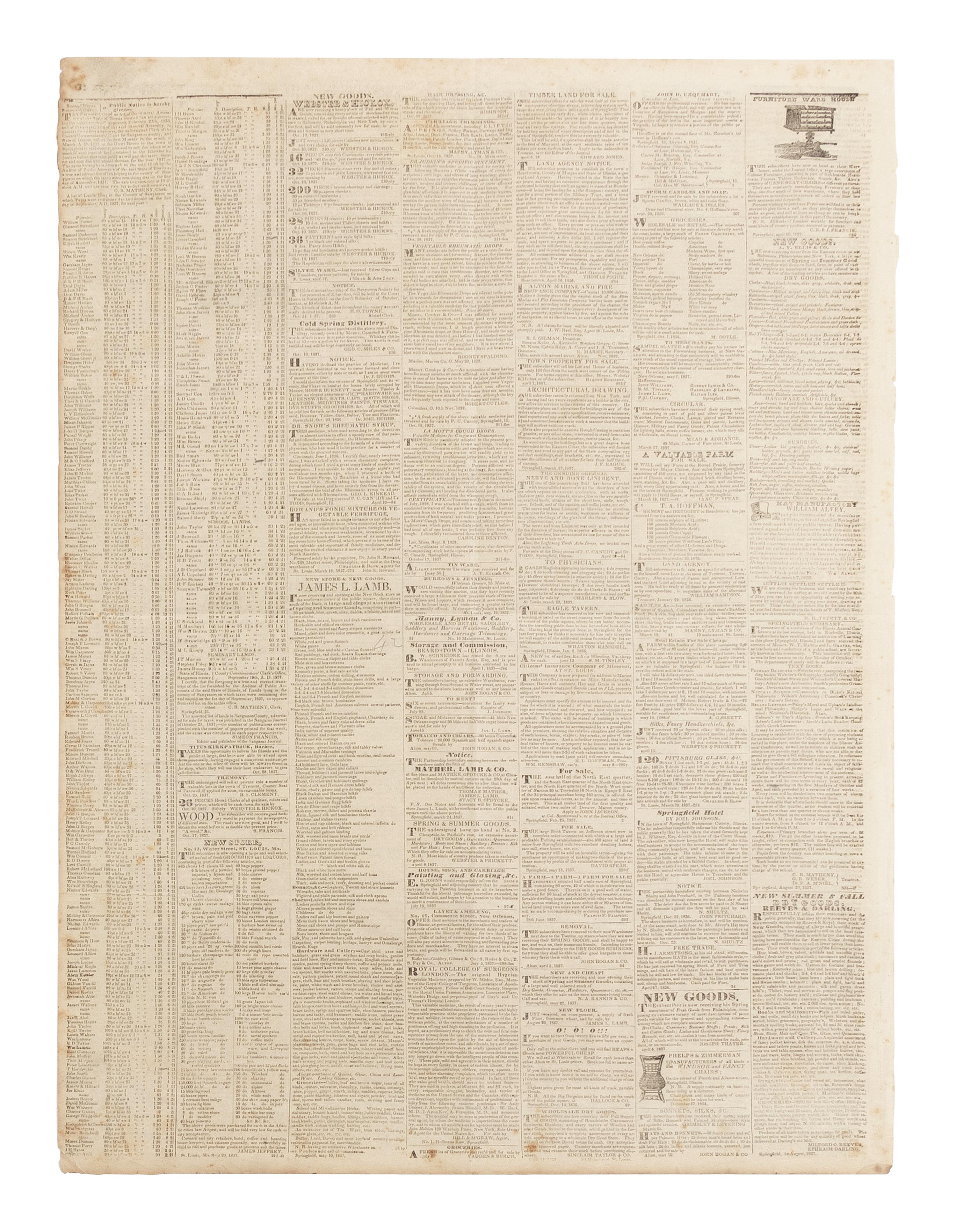 [LINCOLN, Abraham (1809-1865)]. Sangamo Journal . Vol. VII, No. 1. Springfield, Illinois, 4 November 1837.