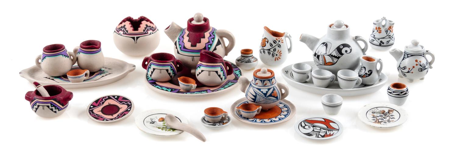A Collection of Chemehuevi Pottery Tea Articles Length of longest serving tray 1 3/4 inches. — Teresa Wildflower