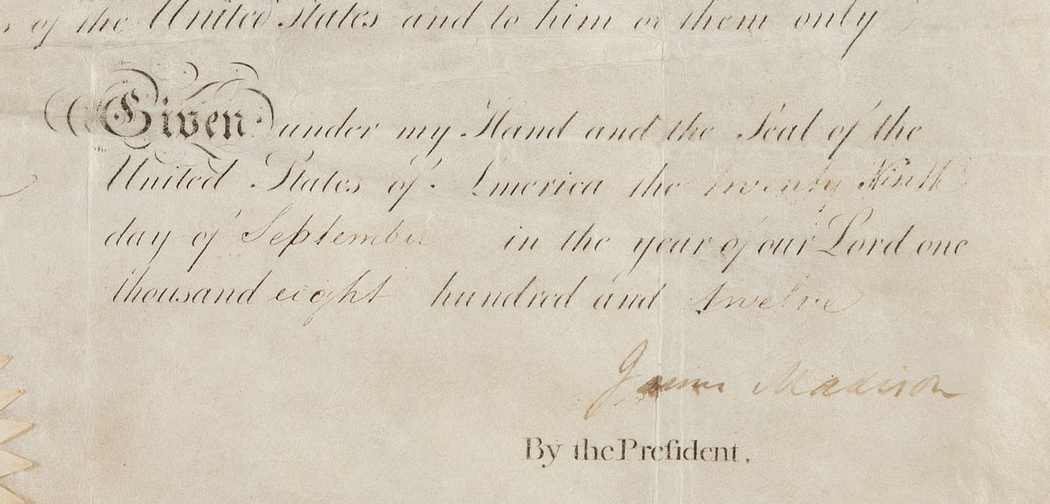 MADISON, James (1751-1831). Partly printed document signed ("James Madison"), as President, countersigned by James MONROE (1758-1831), as Secretary of State.