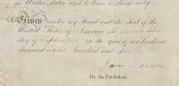 MADISON, James (1751-1831). Partly printed document signed ("James Madison"), as President, countersigned by James MONROE (1758-1831), as Secretary of State.