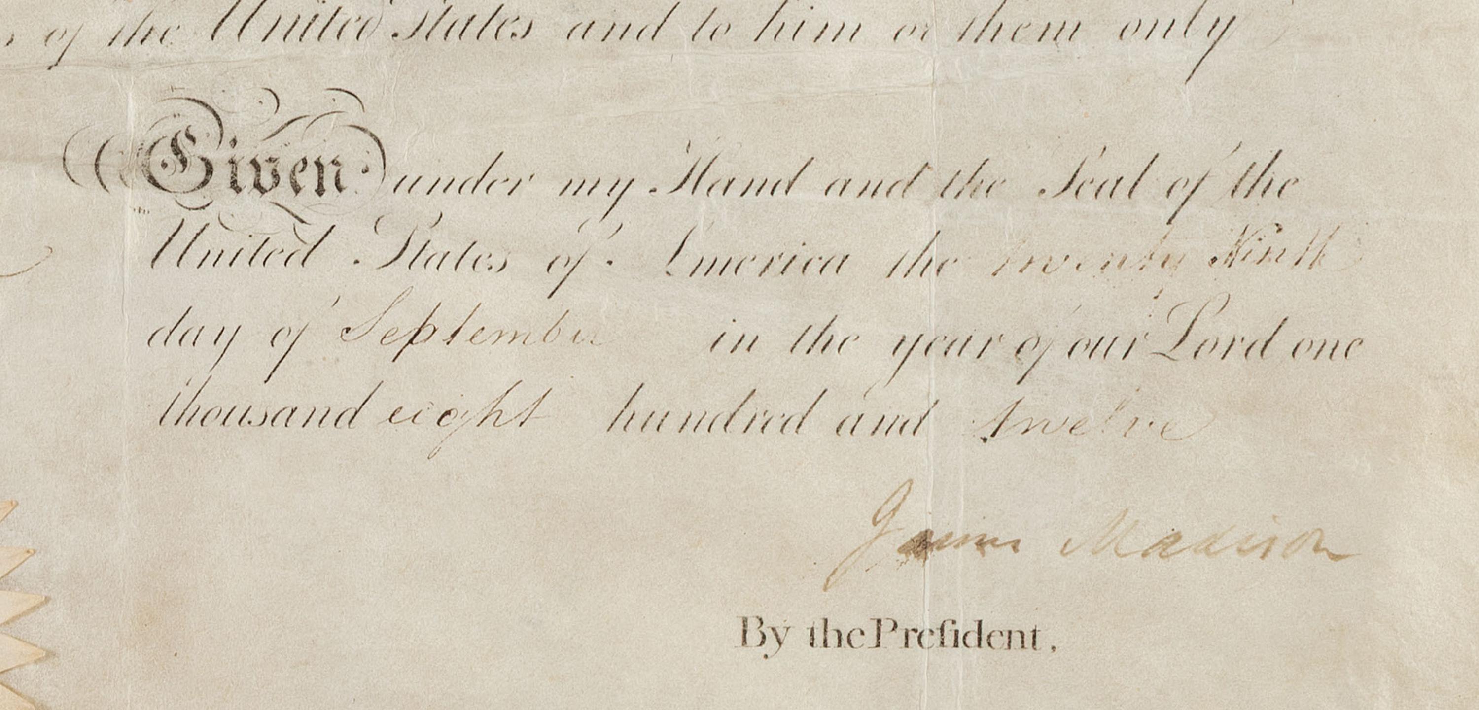MADISON, James (1751-1831). Partly printed document signed ("James Madison"), as President, countersigned by James MONROE (1758-1831), as Secretary of State.