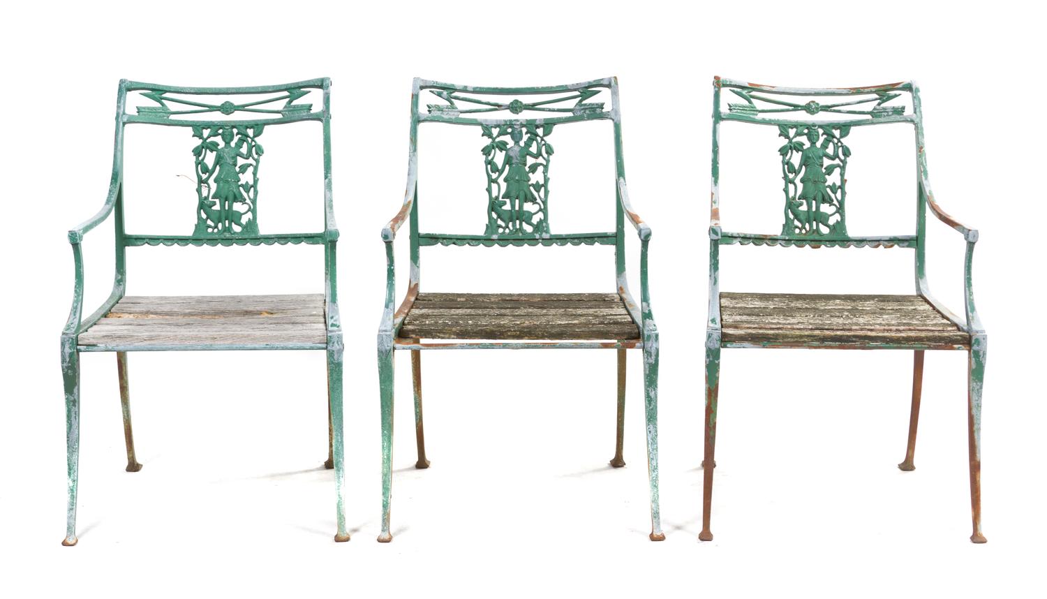 Three Wrought Iron Garden Seats, Height 34 1/8 inches.