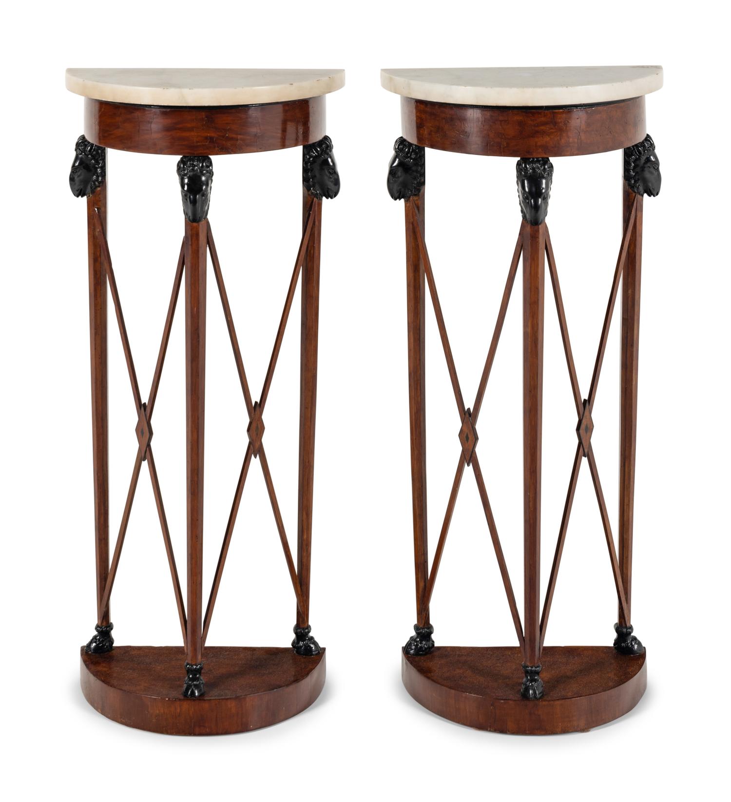 A Pair of Italian Neoclassical Part-Ebonized Walnut Demilune Tables