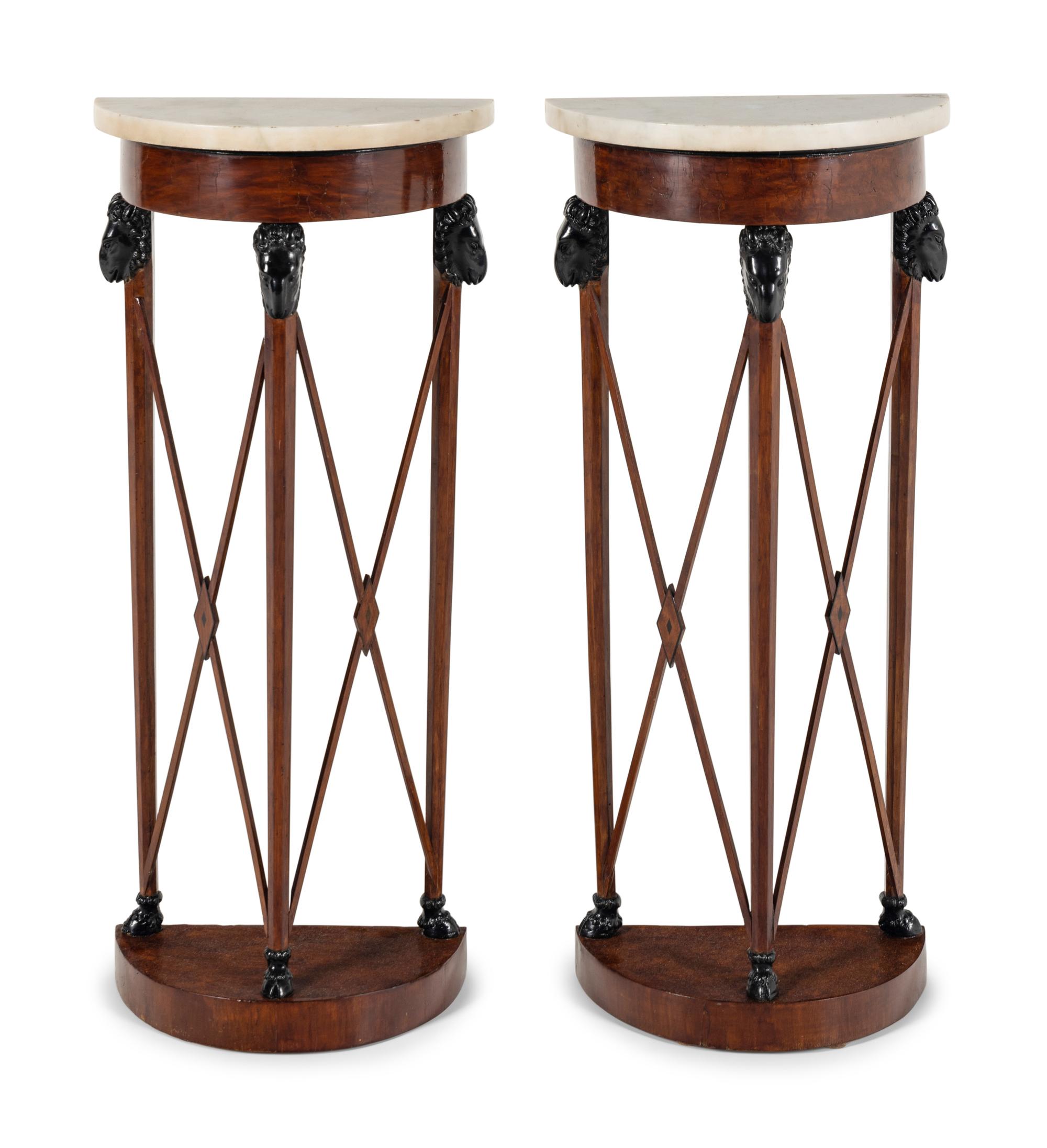 A Pair of Italian Neoclassical Part-Ebonized Walnut Demilune Tables