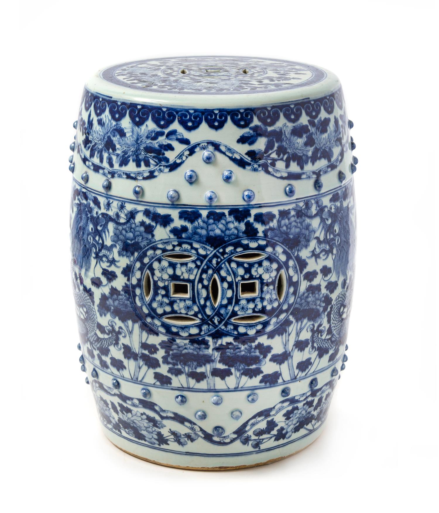 A Blue and White Porcelain Garden Seat Height 18 inches.
