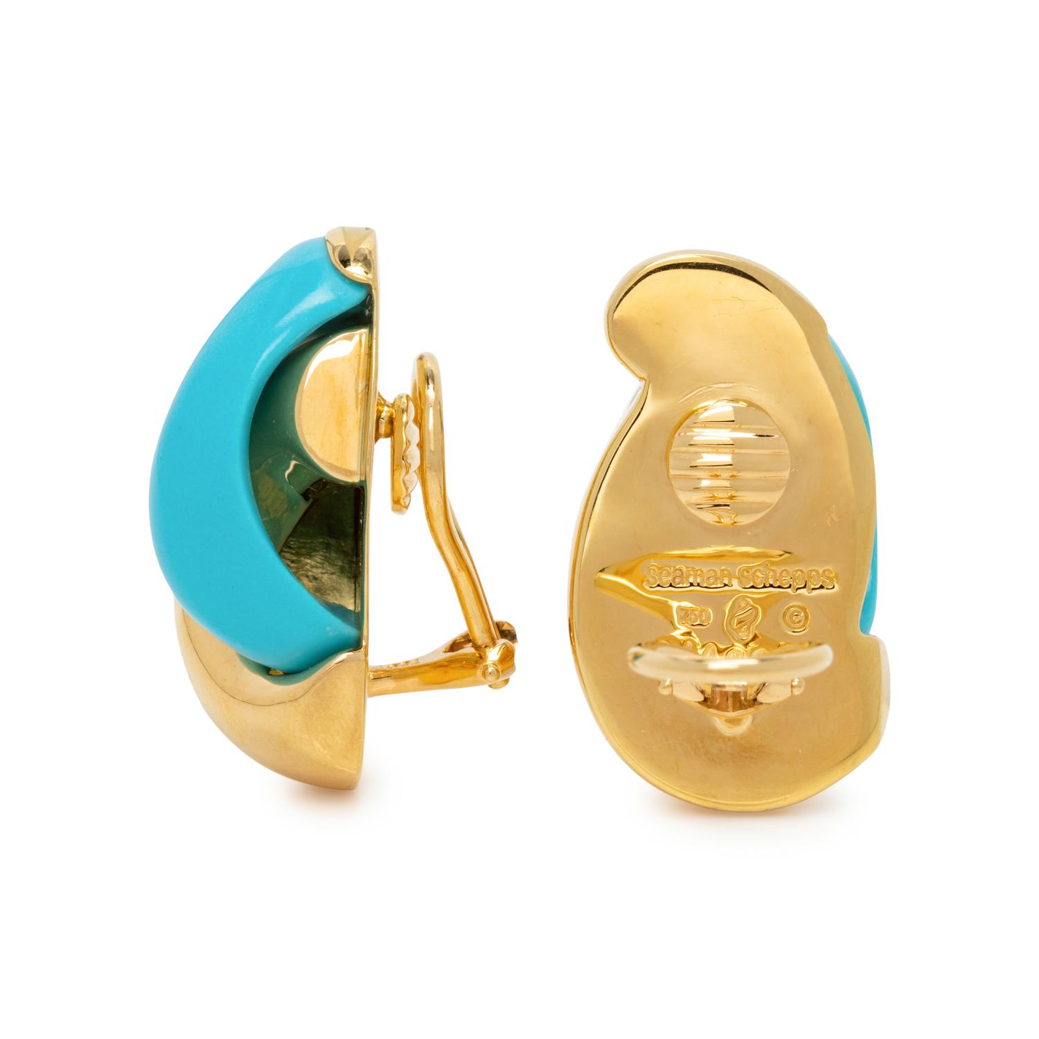 SEAMAN SCHEPPS, YELLOW GOLD AND TURQUOISE EARCLIPS