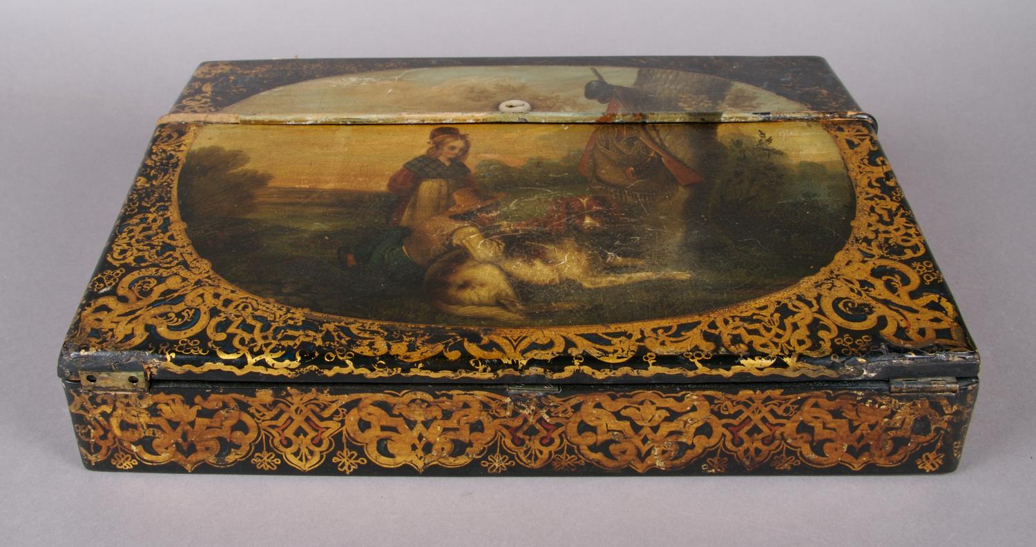 A Victorian Papier Mache Painted and Parcel Gilt Lap Desk, Width 14 1/8 inches.