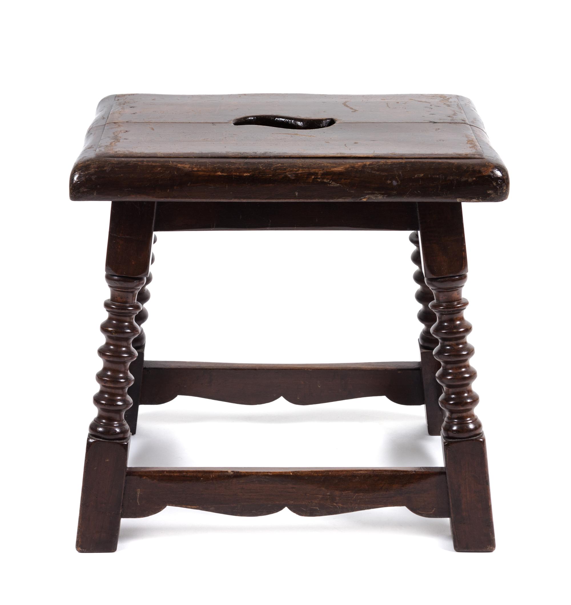 A Jacobean Style Walnut Stool Height 17 x width 17 1/2 x depth 14 inches.