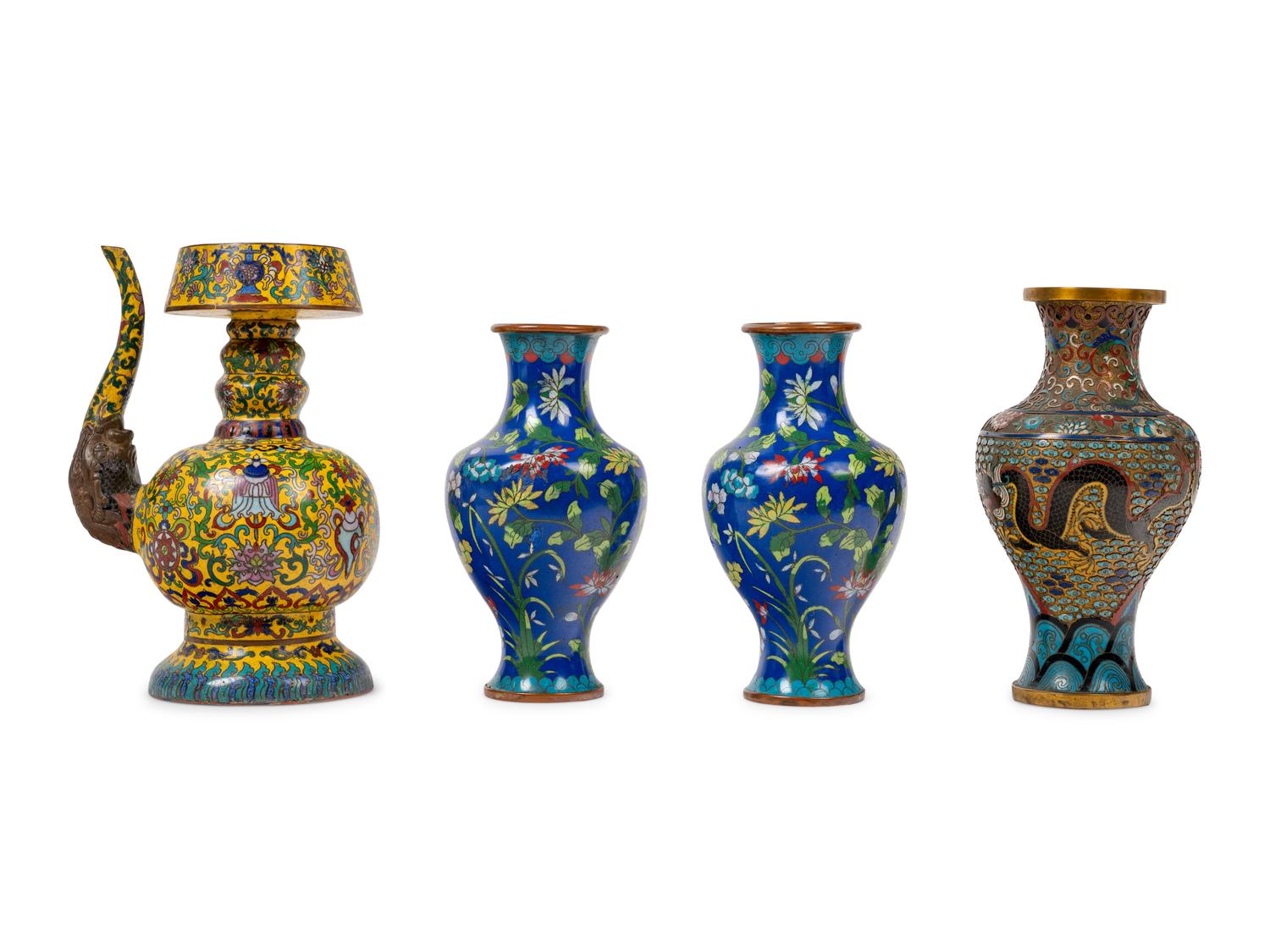 Three Chinese Cloisonné Enamel Vases and a Chinese Champlevé Vase