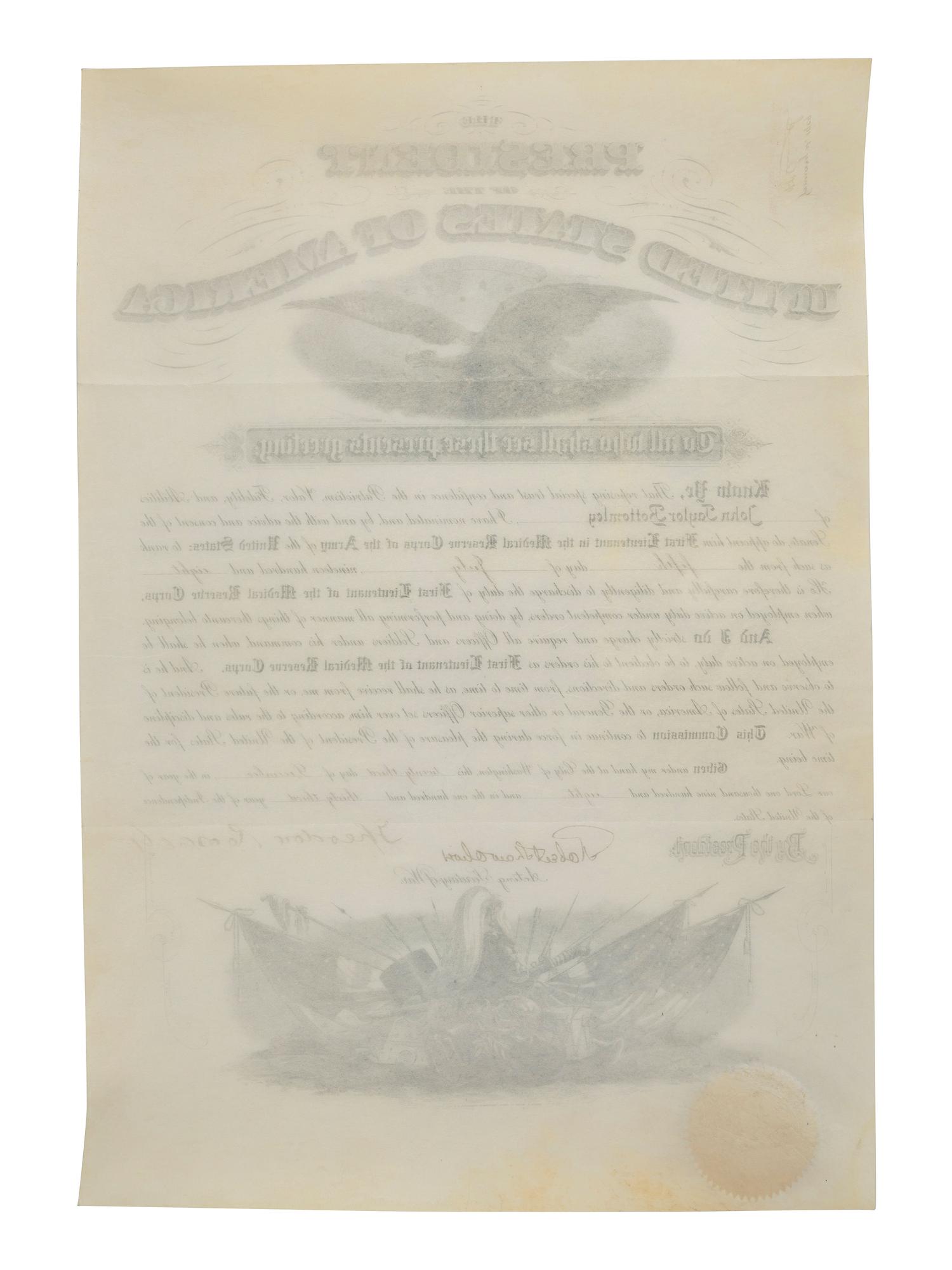 ROOSEVELT, THEODORE (1858-1919). Military appointment signed ("Theodore Roosevelt") as President. Washington, DC, 23 December 1908.