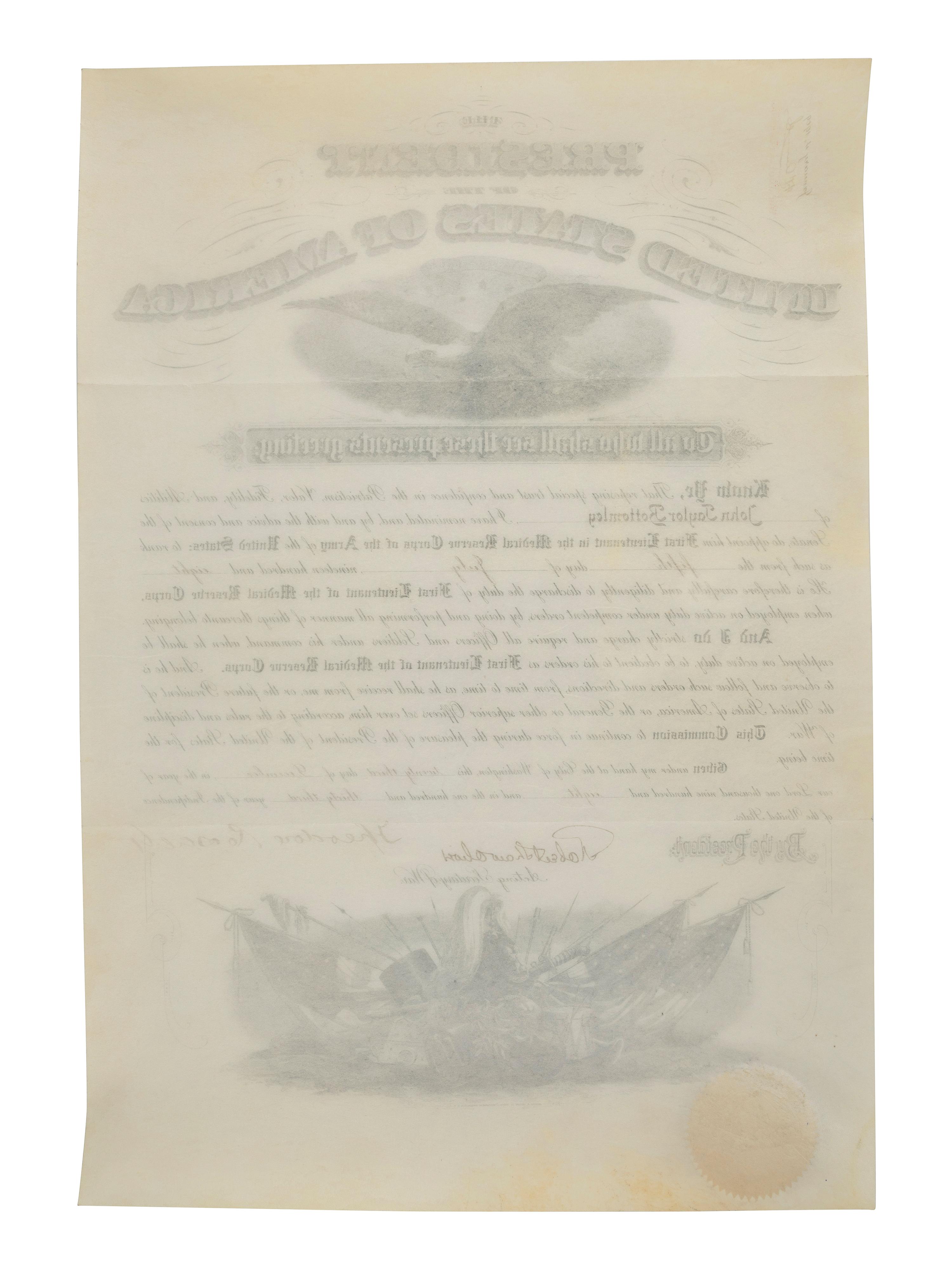 ROOSEVELT, THEODORE (1858-1919). Military appointment signed ("Theodore Roosevelt") as President. Washington, DC, 23 December 1908.