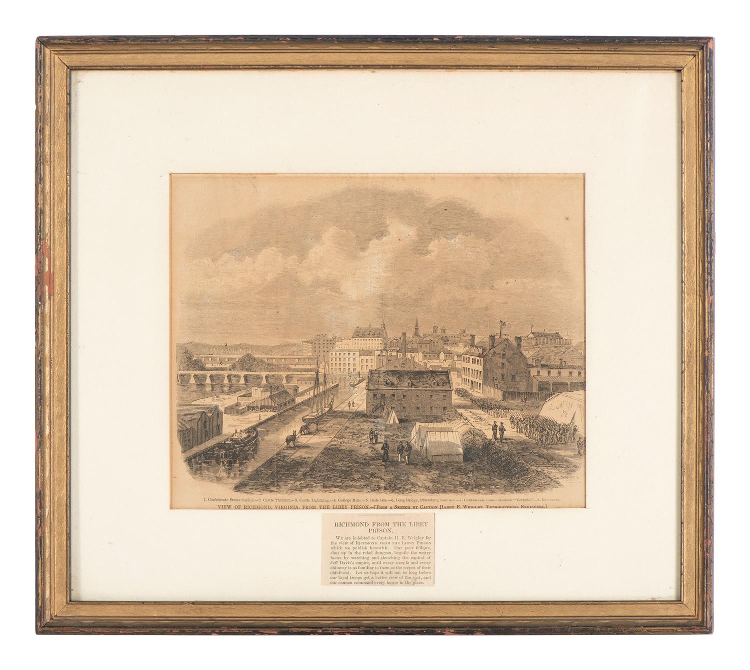 [CIVIL WAR]. 8 framed prints related to Libby Prison, Andersonville, and the trial of Henry Wirz.