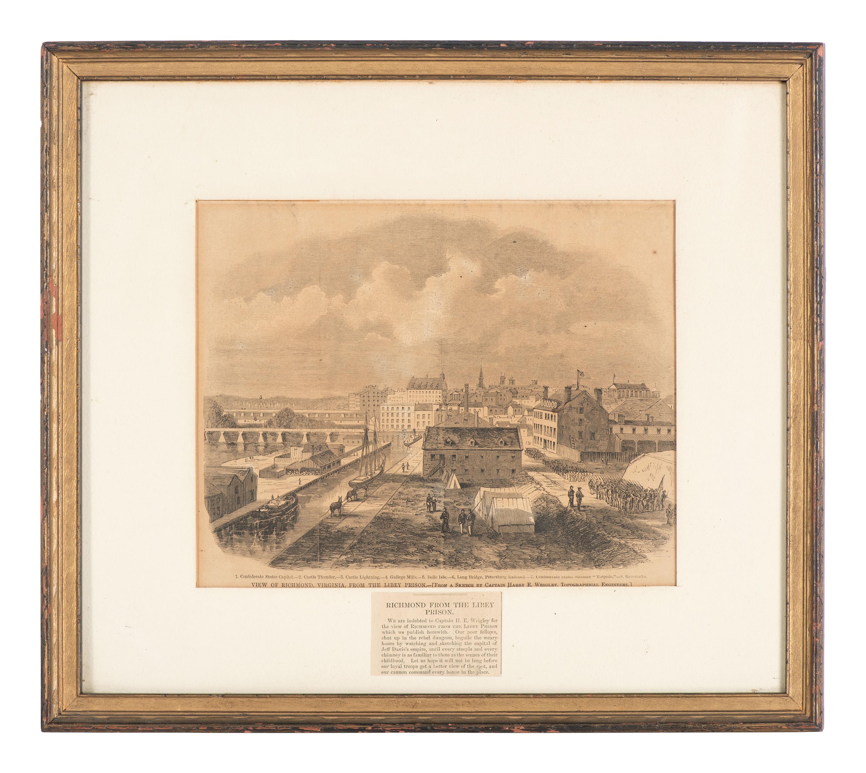[CIVIL WAR]. 8 framed prints related to Libby Prison, Andersonville, and the trial of Henry Wirz.