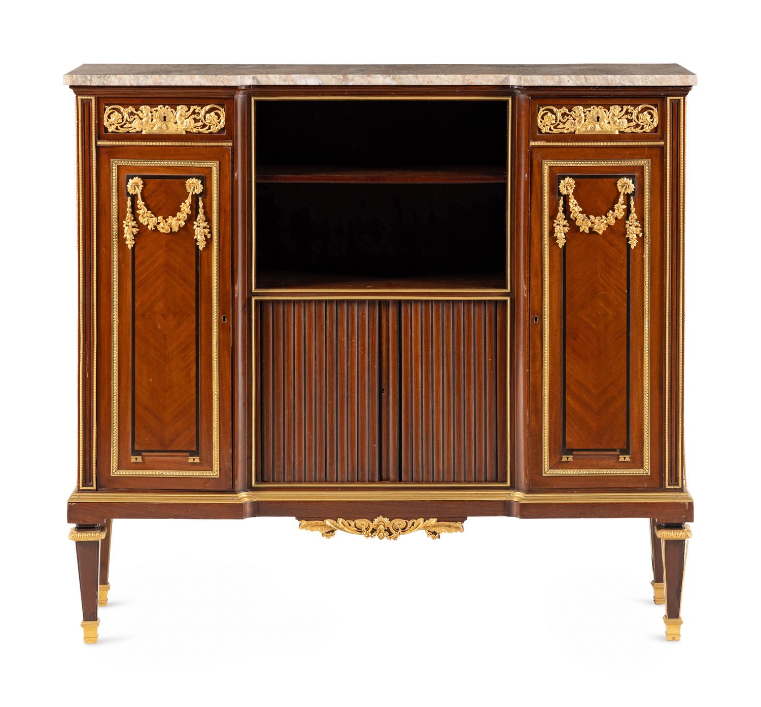 A Louis XVI Style Gilt Bronze Mounted Mahogany Marble-Top Cabinet