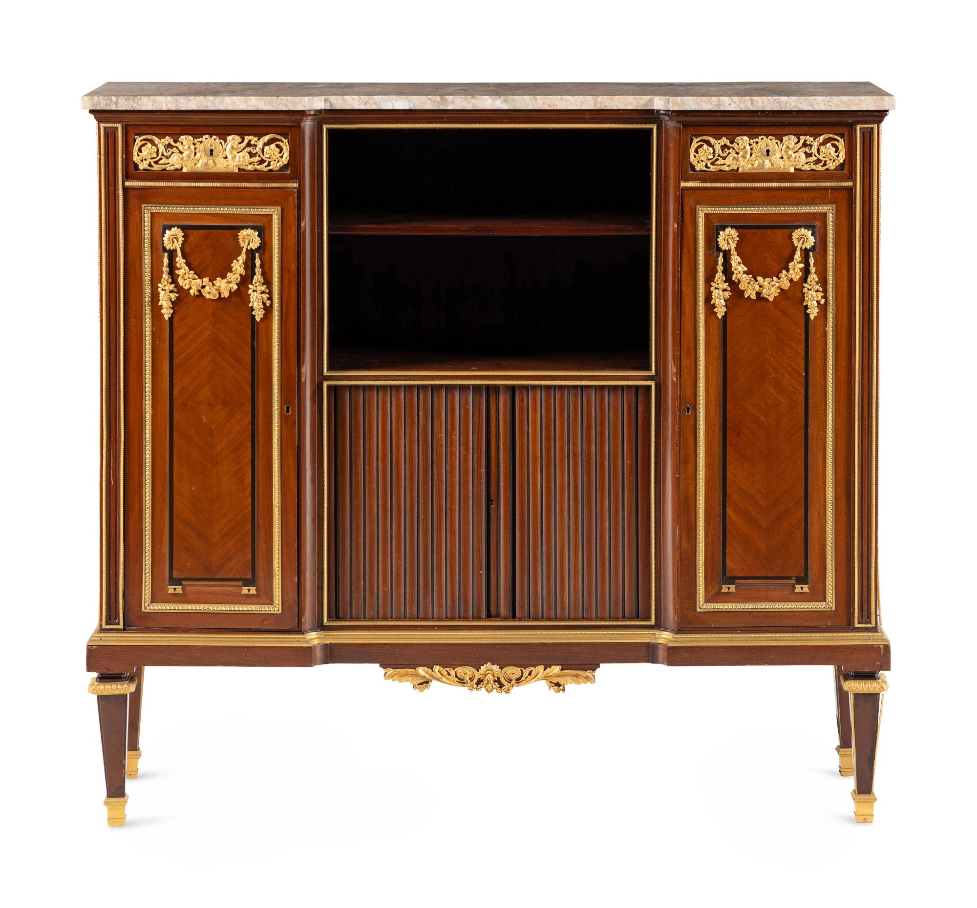 A Louis XVI Style Gilt Bronze Mounted Mahogany Marble-Top Cabinet