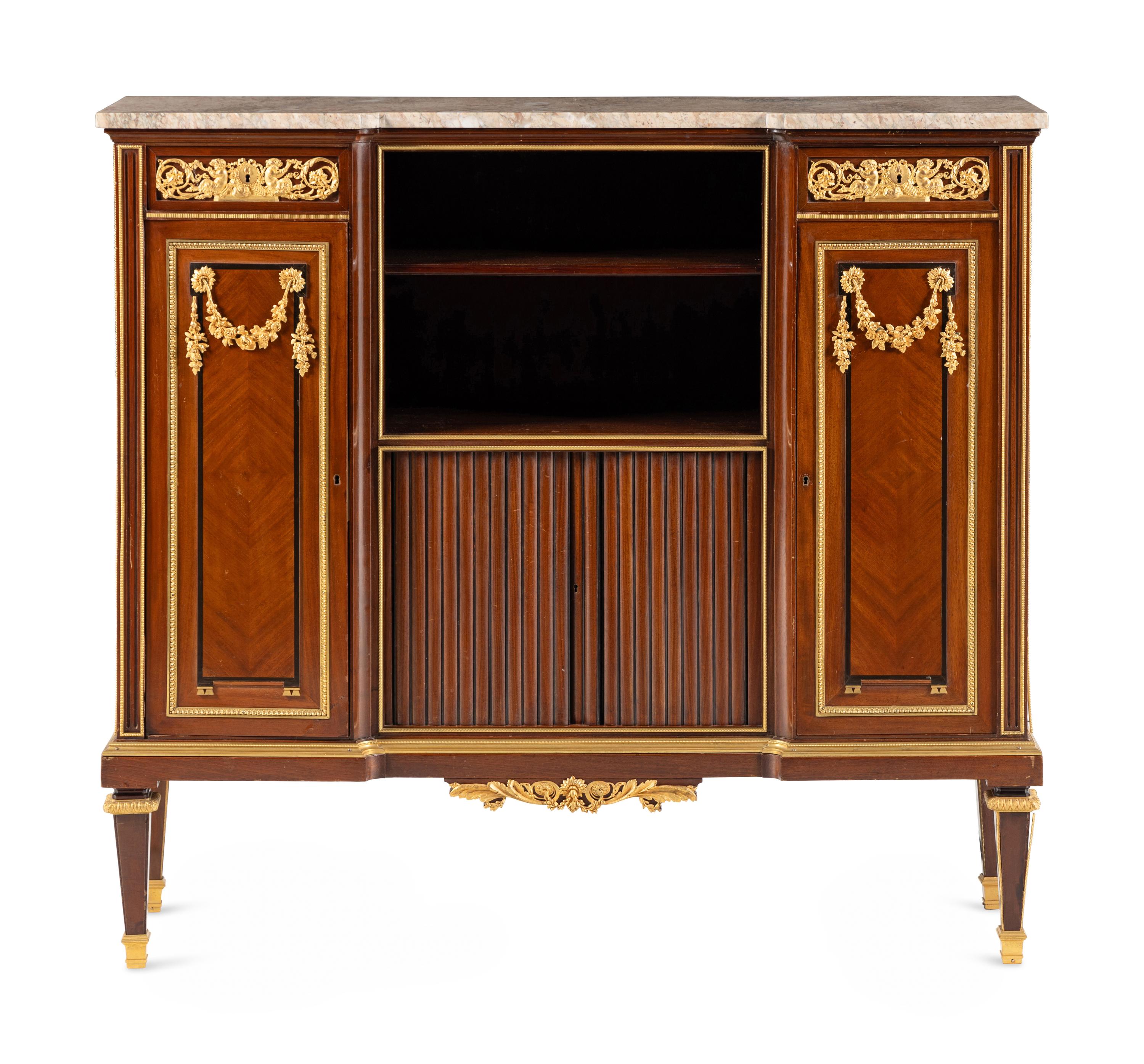 A Louis XVI Style Gilt Bronze Mounted Mahogany Marble-Top Cabinet