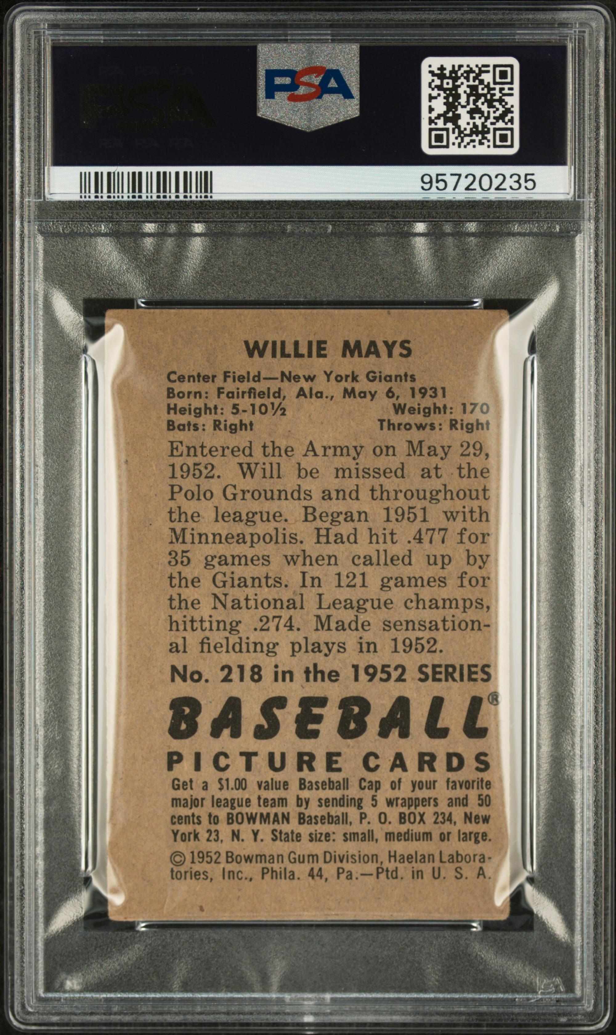 A 1952 Bowman Willie Mays Baseball Card No. 218 (PSA 2 GOOD)