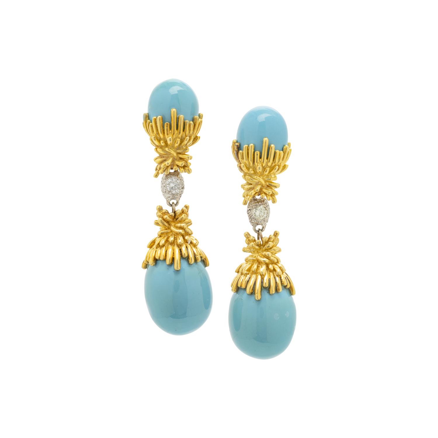 BICOLOR GOLD, DIAMOND AND BLUE ENAMEL CONVERTIBLE EARCLIPS