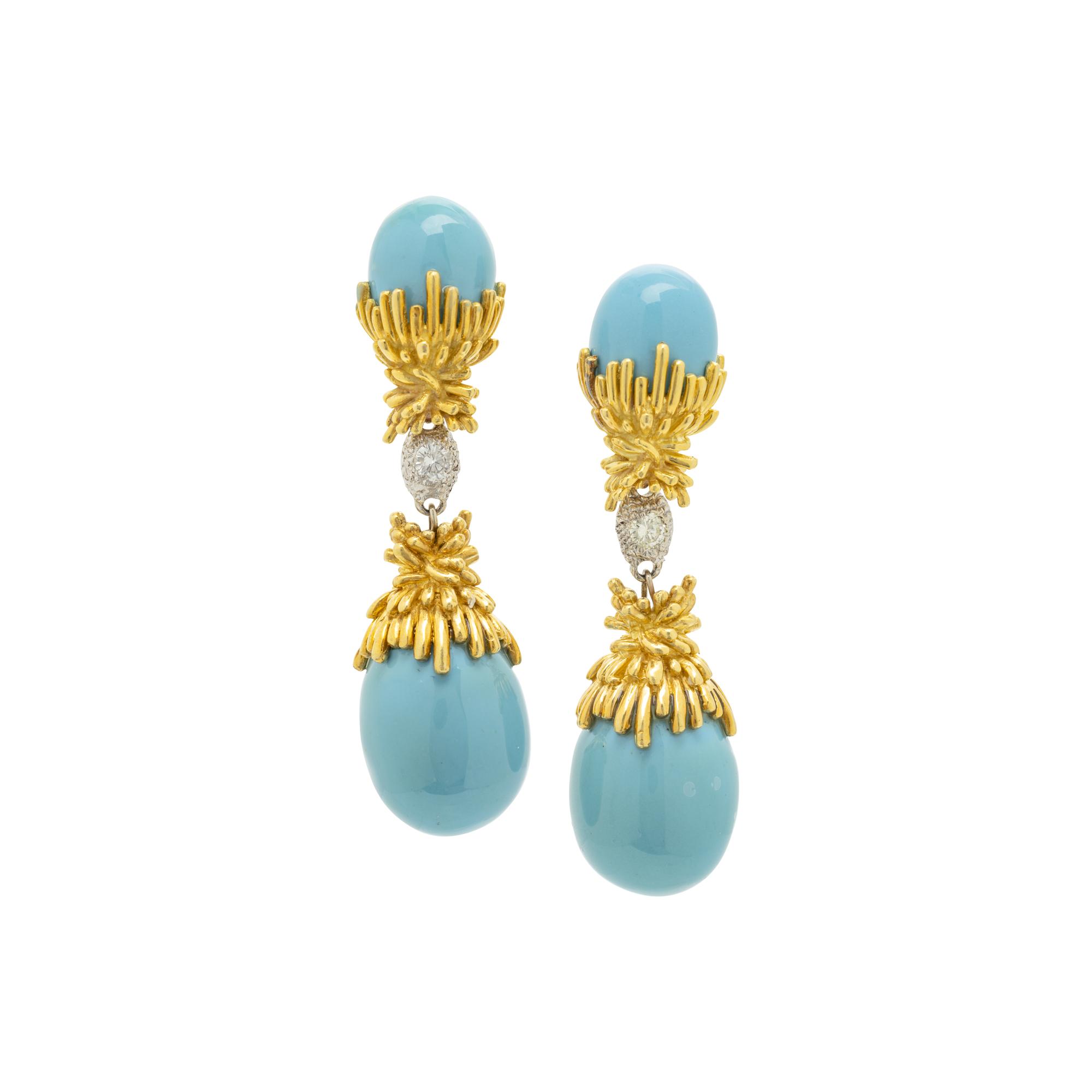 BICOLOR GOLD, DIAMOND AND BLUE ENAMEL CONVERTIBLE EARCLIPS