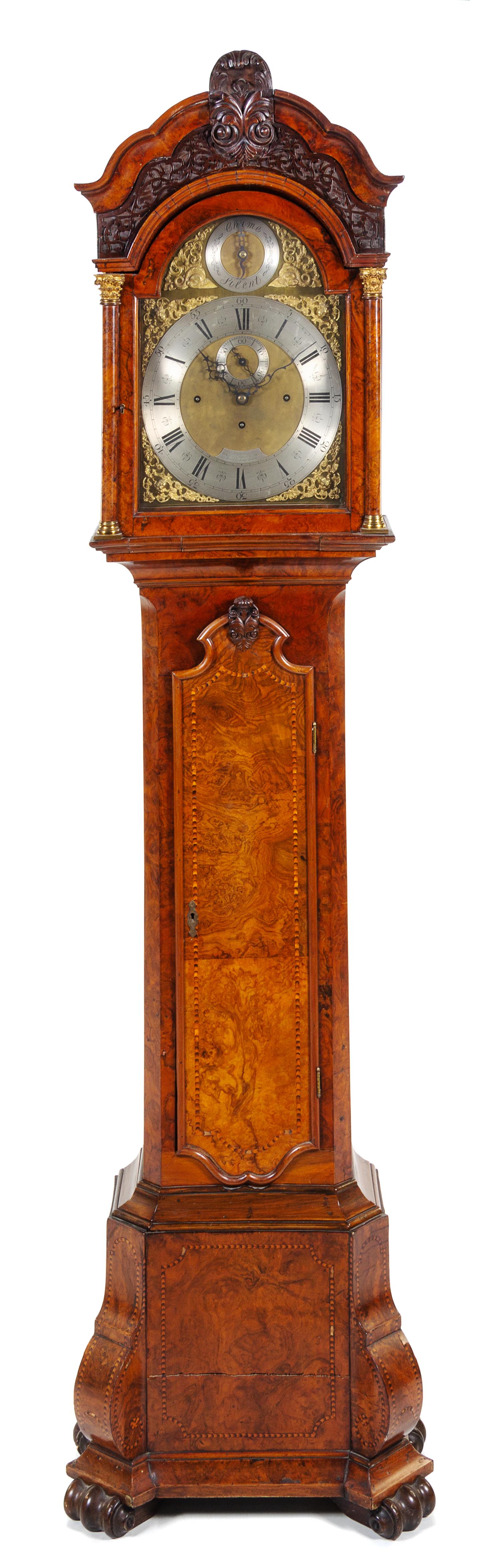 A Dutch Burl Walnut Tall Case Clock Height 92 x width 20 1/2 x depth 12 inches. — MOVEMENT BY JAMES MURRAY, LONDON, 19TH CENTURY
