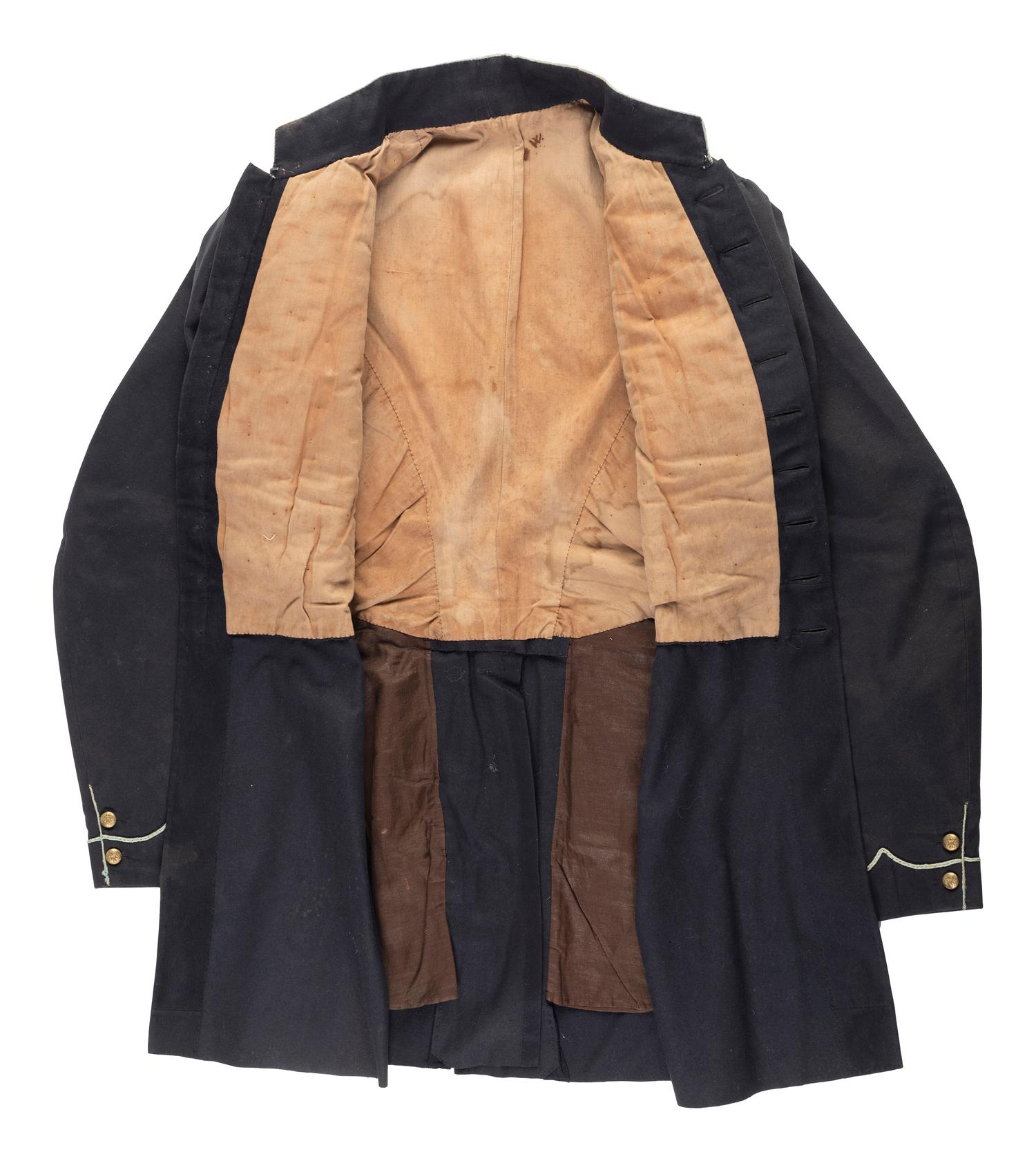 Civil War regulation Model 1858 infantry frock coat identified to Private James C. Woods, Company E, 5th Ohio Infantry.
