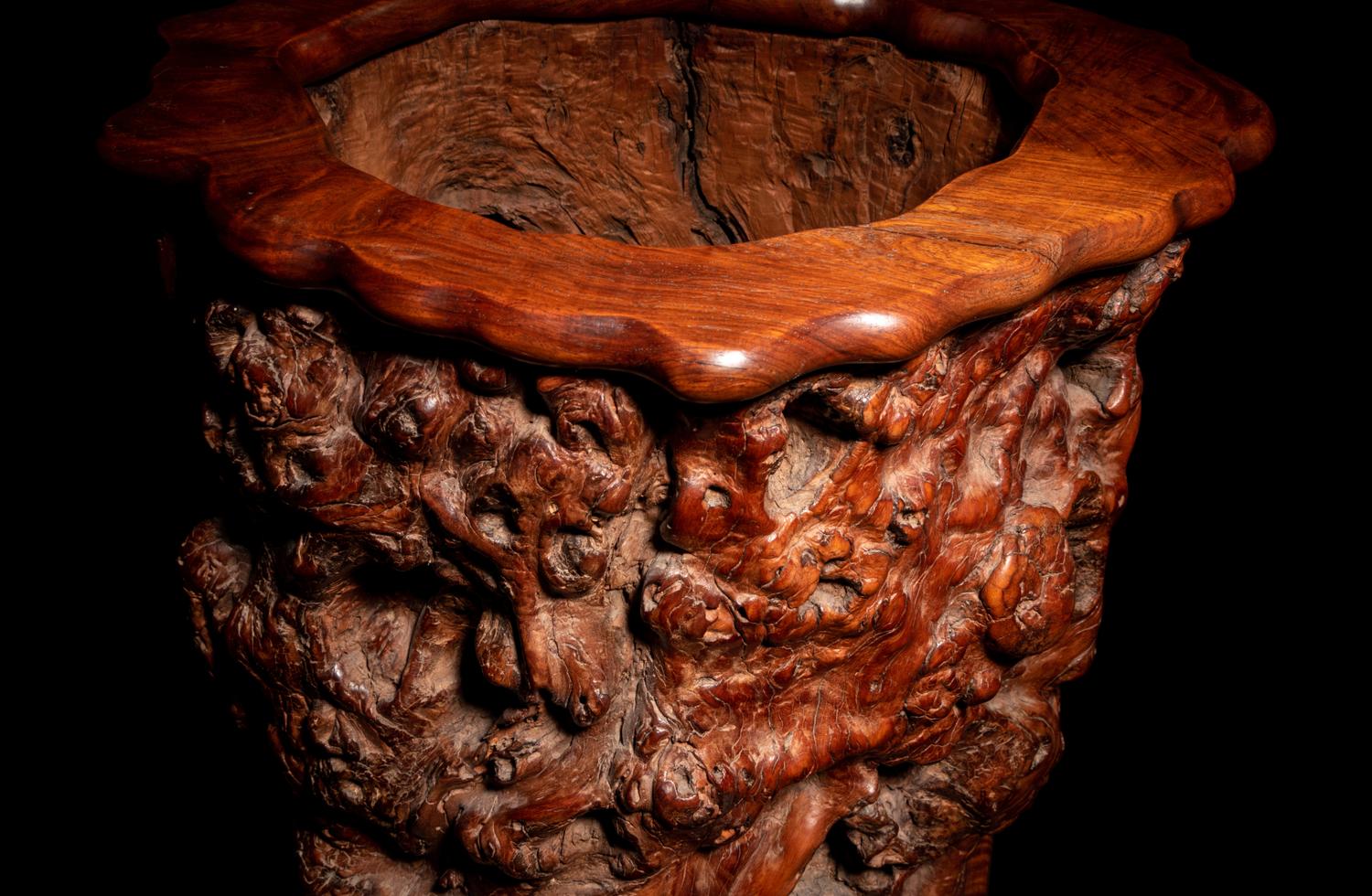 A Large Burlwood and Huanghuali Scroll Pot