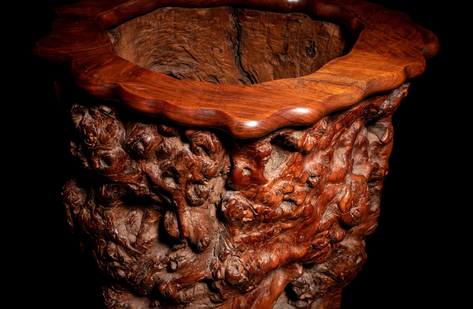 A Large Burlwood and Huanghuali Scroll Pot
