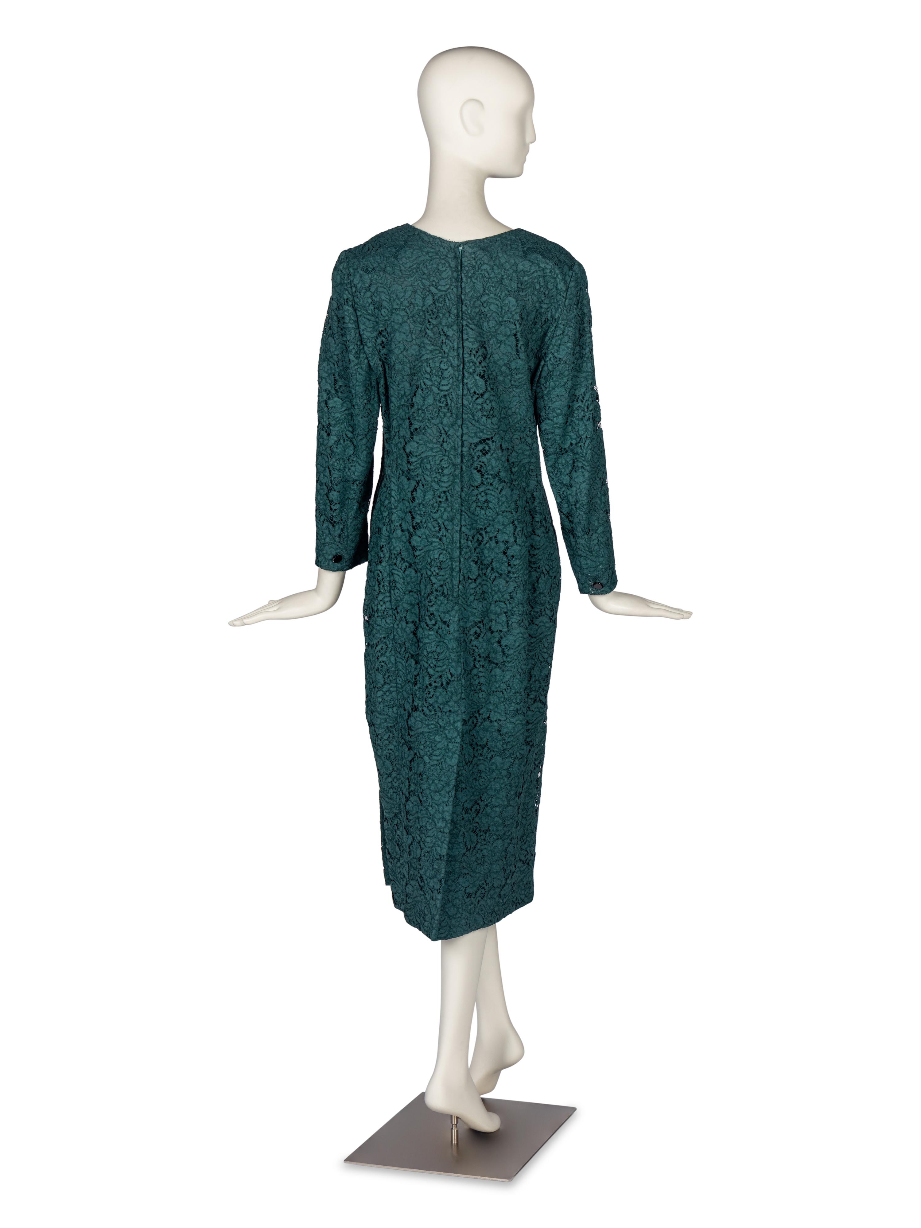 Rizik Brothers Green Lace Dress and Two Brooches