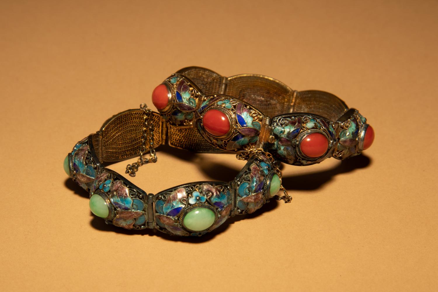 Two Inset and Enamel on Silver Bracelets