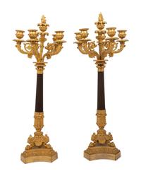 A Pair of Neoclassical Gilt and Patinated Bronze Six-Light Candelabra