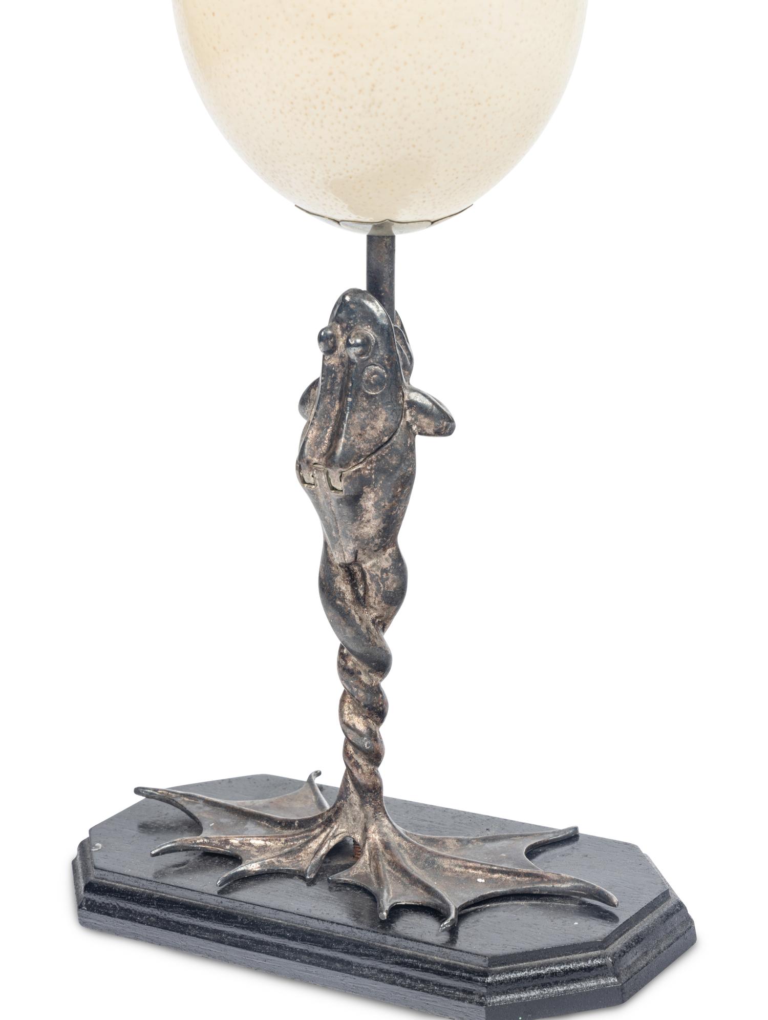 An Anthony Redmile Silvered Metal and Ostrich Egg Frog-Form Candlestick